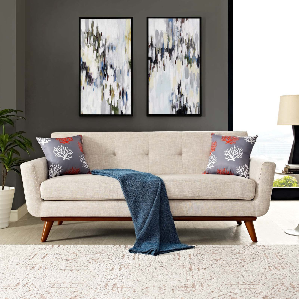Modway Engage Midcentury Modern Upholstered Fabric Loveseat In Beige