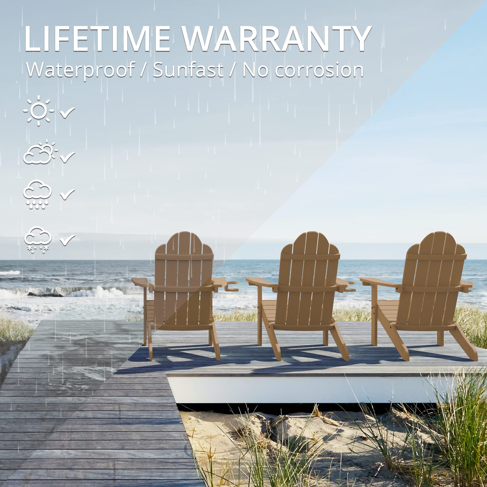 Lue Bona Adirondack Chairs Set Of 2, Brown Poly Adirondack Chairs With Cup Holder, 350Lbs Modern Adirondack Chair Weather Resistant, Outdoor Patio Chair For Fire Pit, Patio, Law, Balcony, Backyard