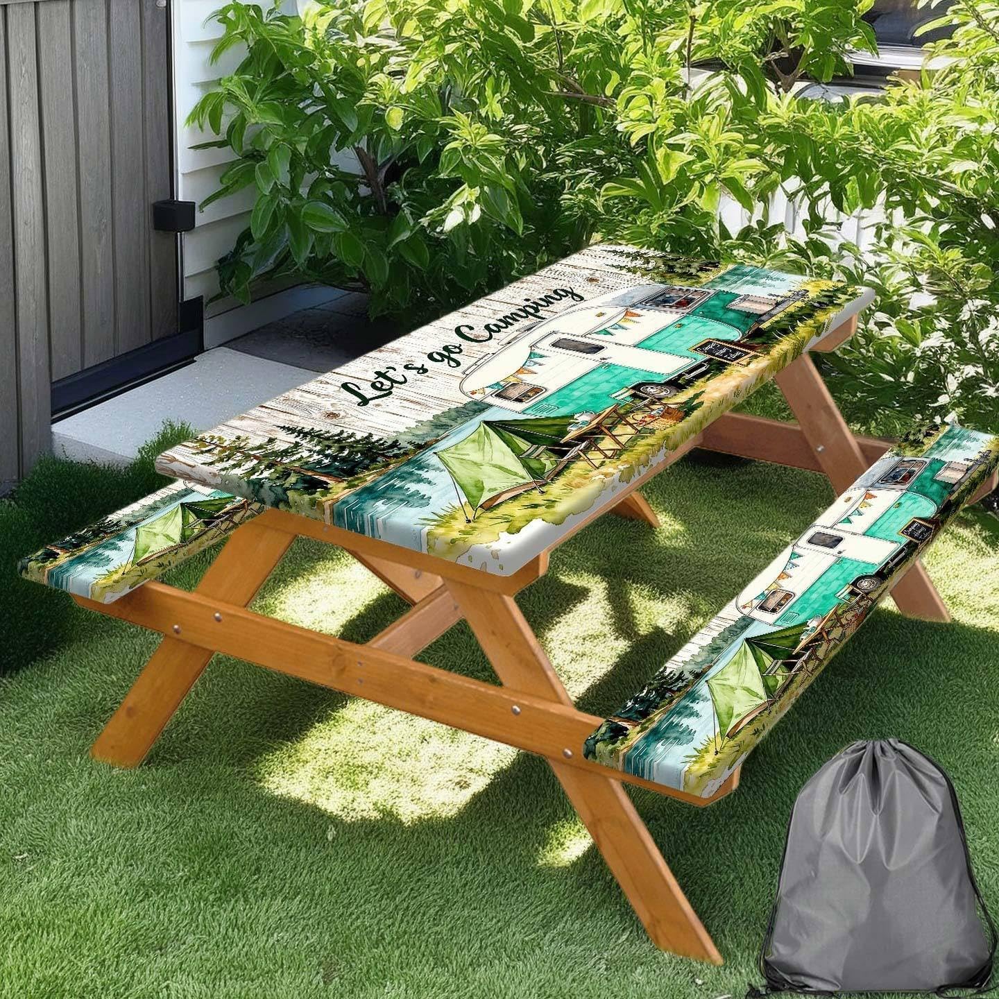 Picnic Table Cover with Bench Covers Elastic Edges, Camping Watercolor Wooden Table Cover, Outdoor Patio Camping Essentials 72 I