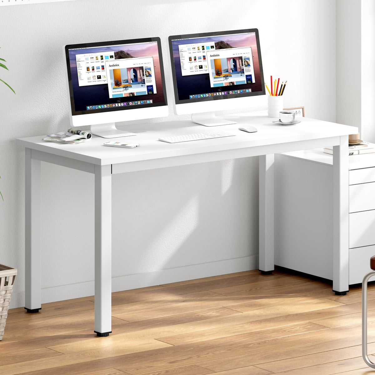 DlandHome Large Computer Desk, Composite Wood Board, Decent and Steady Home Office Desk/Workstation/Table 54.3inch White White