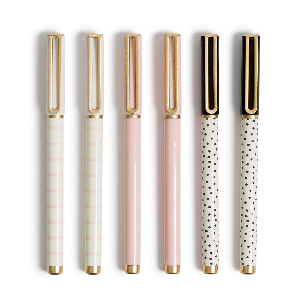U Brands Catalina Felt Tip Pens, Set Of 6, Classic Chic Stripes And Dots With Gold Details, Medium (0.7 Mm) Point, Black Ink
