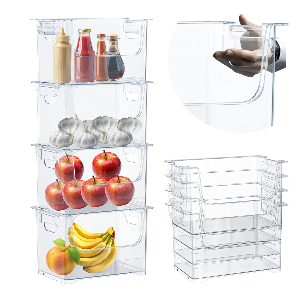 Skywin Stackable Storage Bins Open Front, 4 Pack Stackable Storage Bins, Clear Storage Containers With Side Handles, Toy Organiz