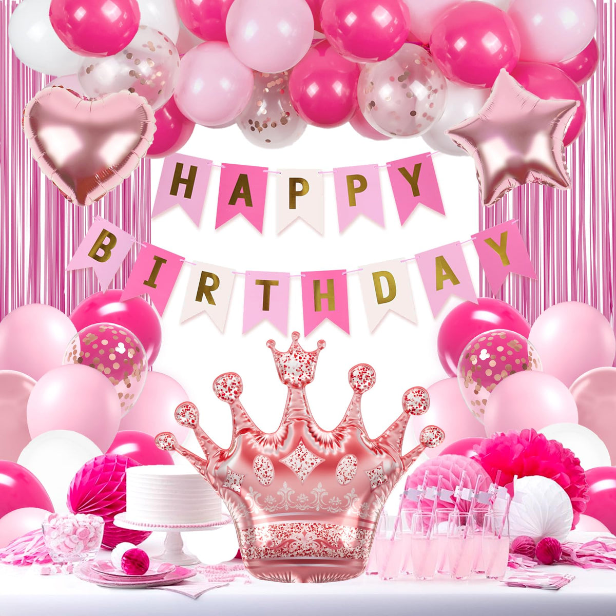 Hot Pink Birthday Decorations for Women with White Hot Pink Light Pink Balloons Happy Birthday Banner Hot Pink Fringe Curtains f