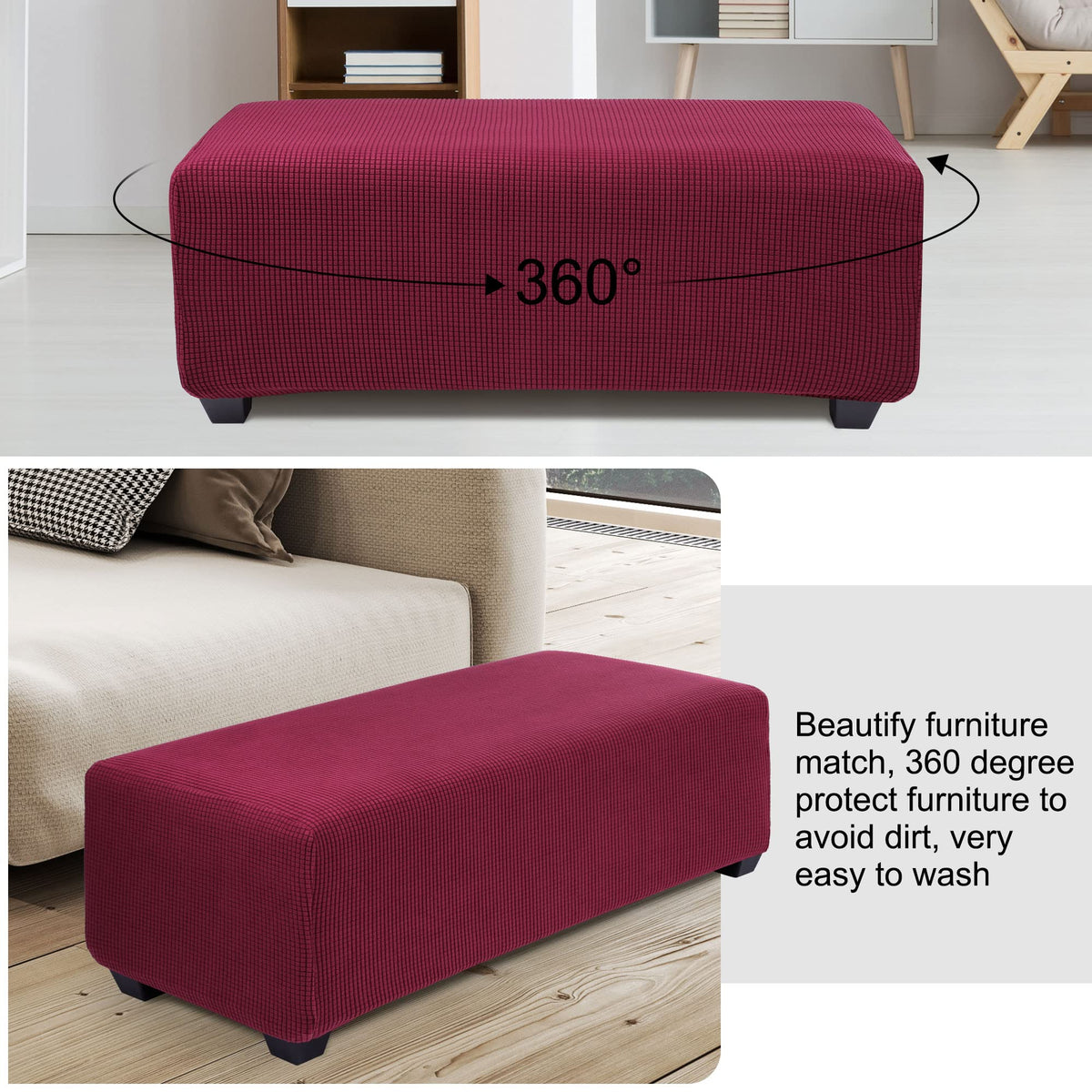 Piccocasa High Stretch Ottoman Cover With Elastic Bottom, Soft Slipcover Jacquard Fabric Small Checks Rectangle Storage Stool Co