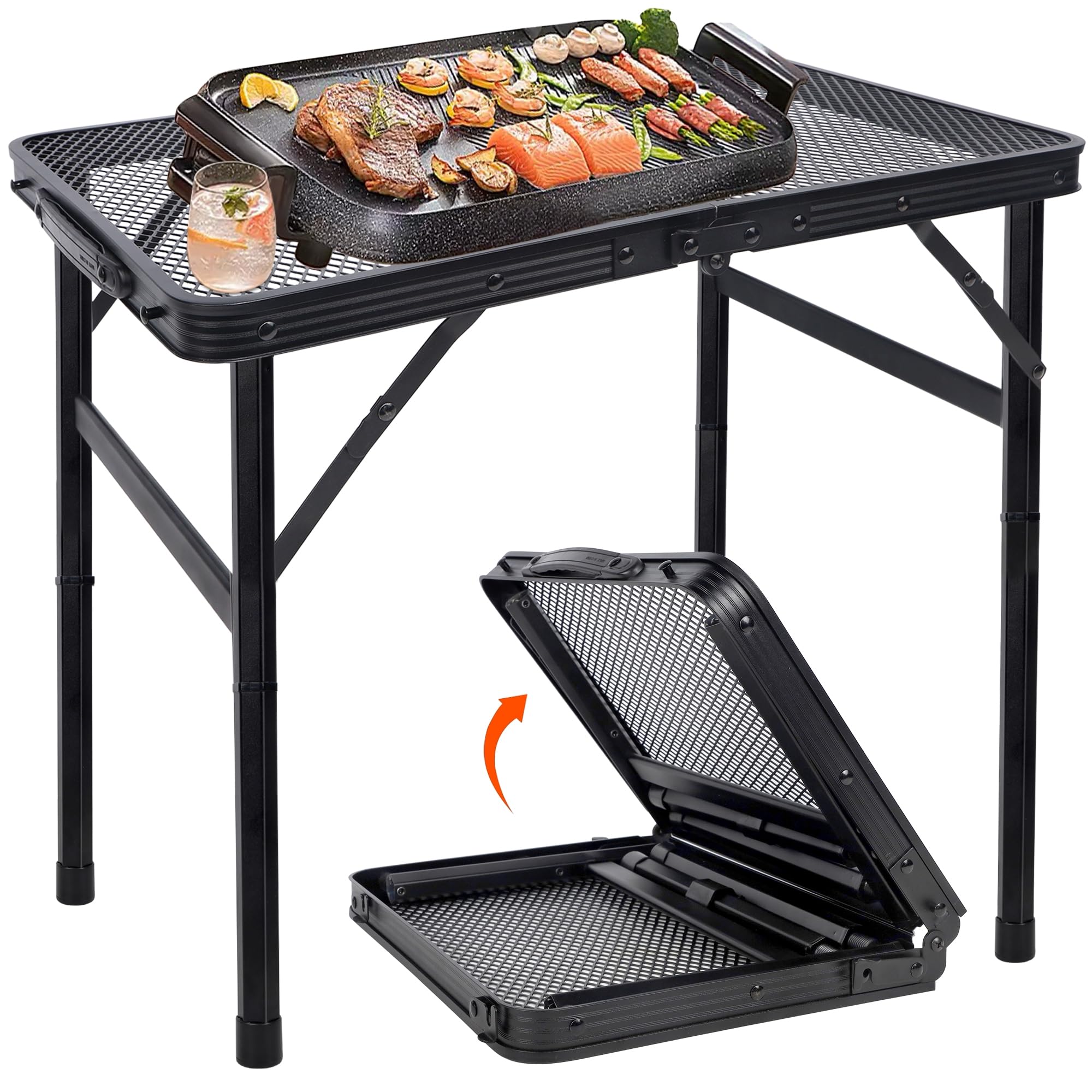 Forup Small Folding Table, Camping Table With Mesh Desktop, Portable Picnic Table With Carry Handle, Height Adjustable Portable Grill Table For Outside Inside Use