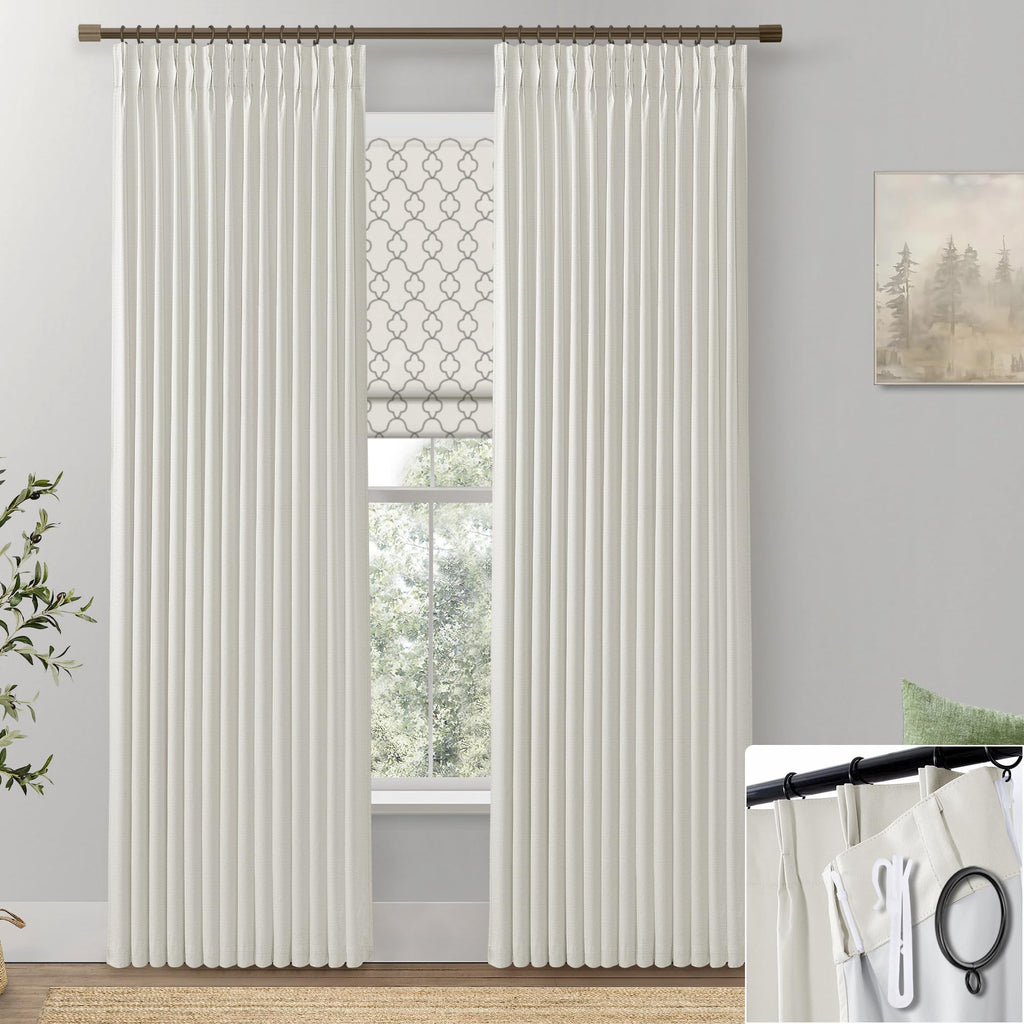 Shineland 90 Inch Curtains Long,Extra Wide Blackout Thick Linen Pinch Pleated Black Block Out Farmhouse Curtains For Living Room Bedroom 2 Panels Set