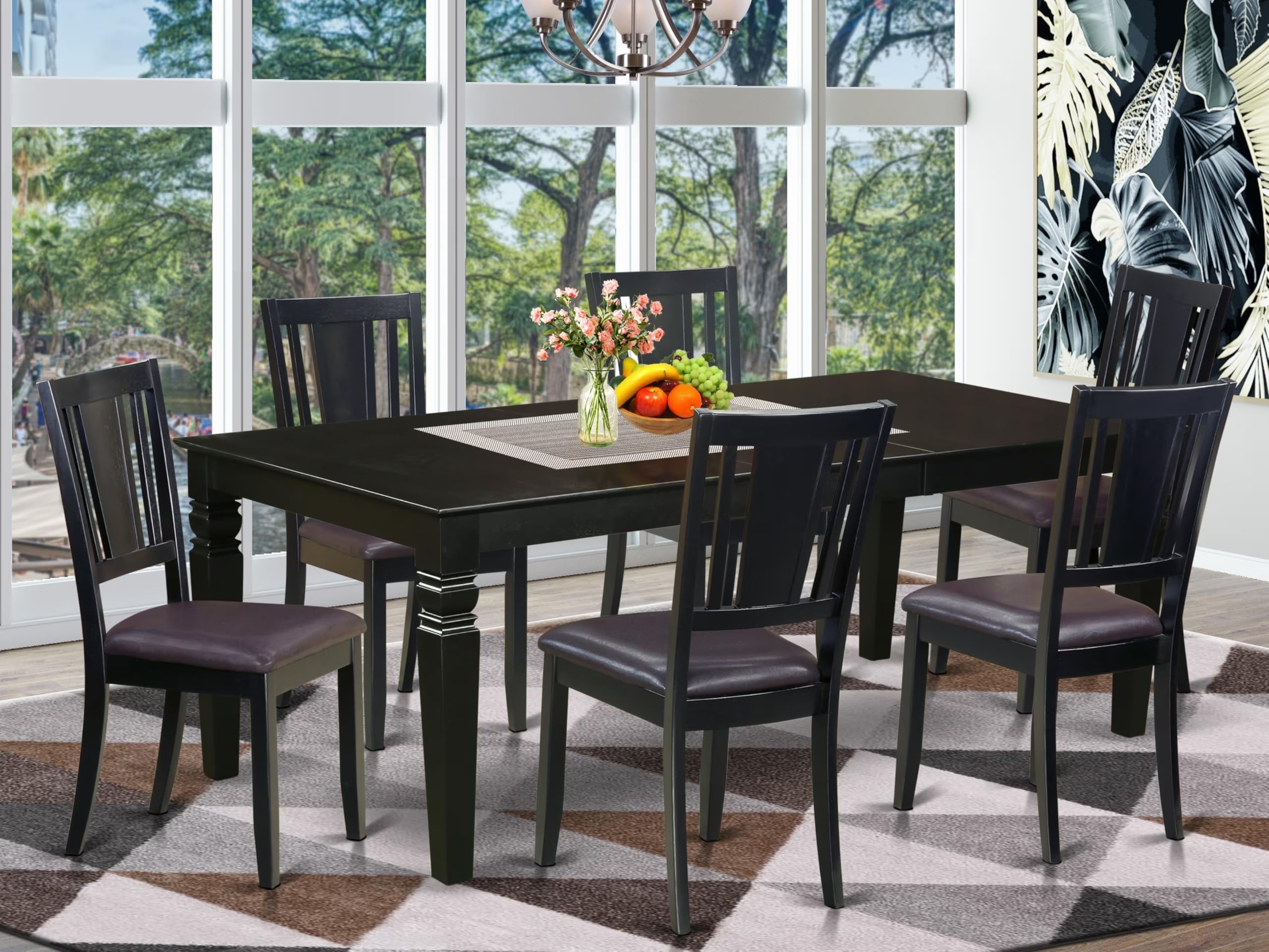 East West Furniture LGDU7-BLK-LC 7 Piece Modern Dining Table Set Consist of a Rectangle Wooden Table with Butterfly Leaf and 6 Faux Leather Dining Room Chairs, 42x84 Inch, Black