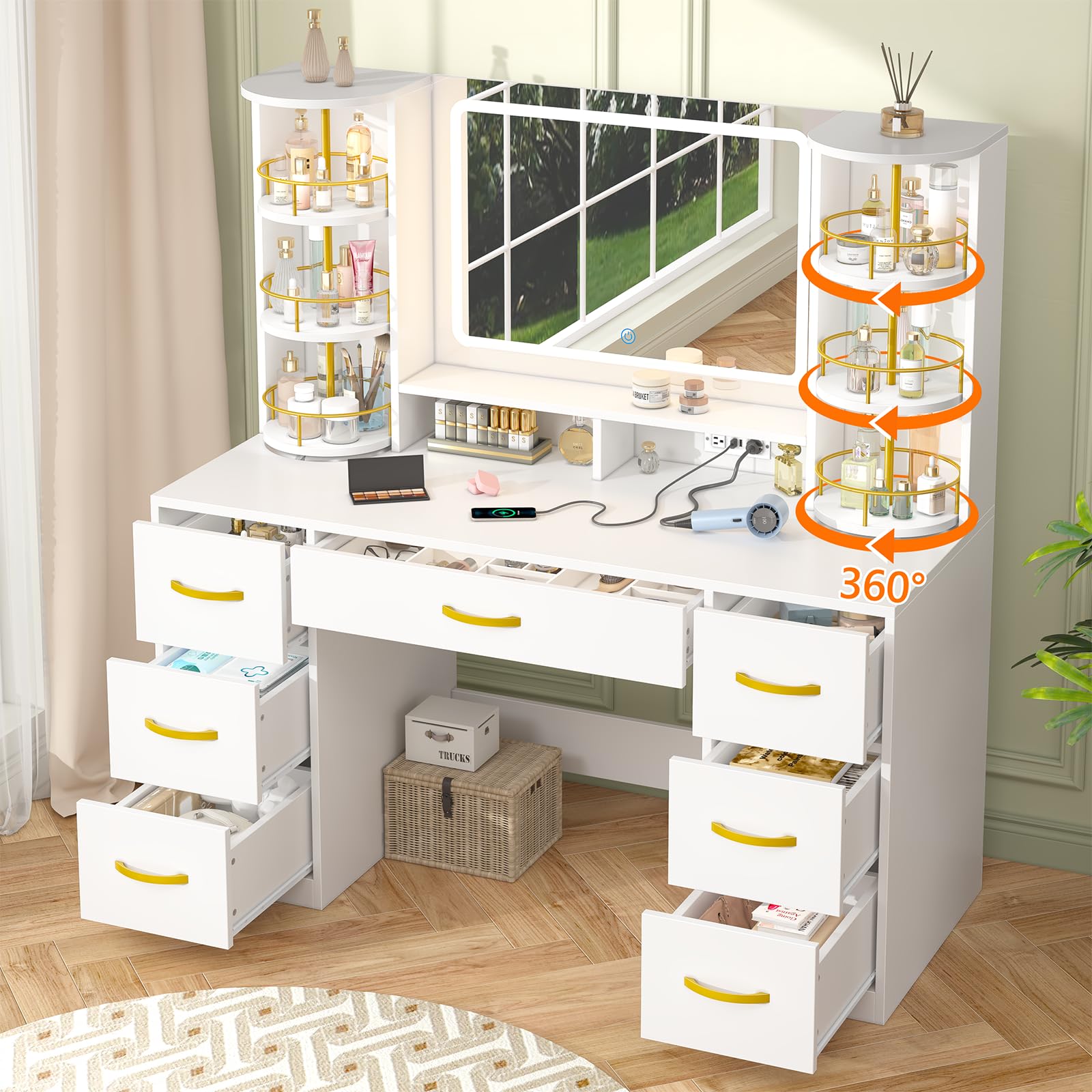 Vanity Desk with Mirror and Lights, White Makeup Vanity Table with 360 Roating Shelves, Large Vanity Desk with 7 Drawers, Power 