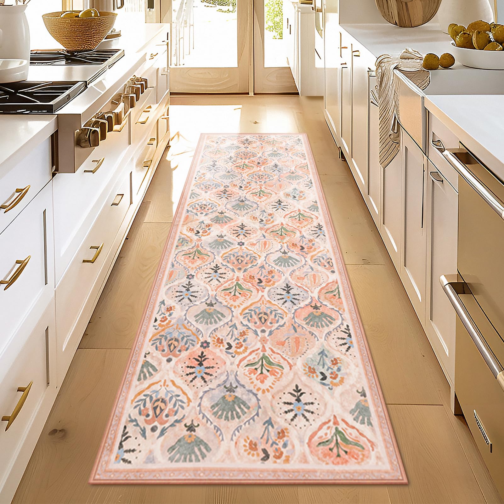 Ashler Runner Rugs 2X6, Floral Hallway Rug, Ultra-Thin Boho Tropical Area Rug, Vintage Long Rugs For Entryway, Kitchen, Flesh Pi