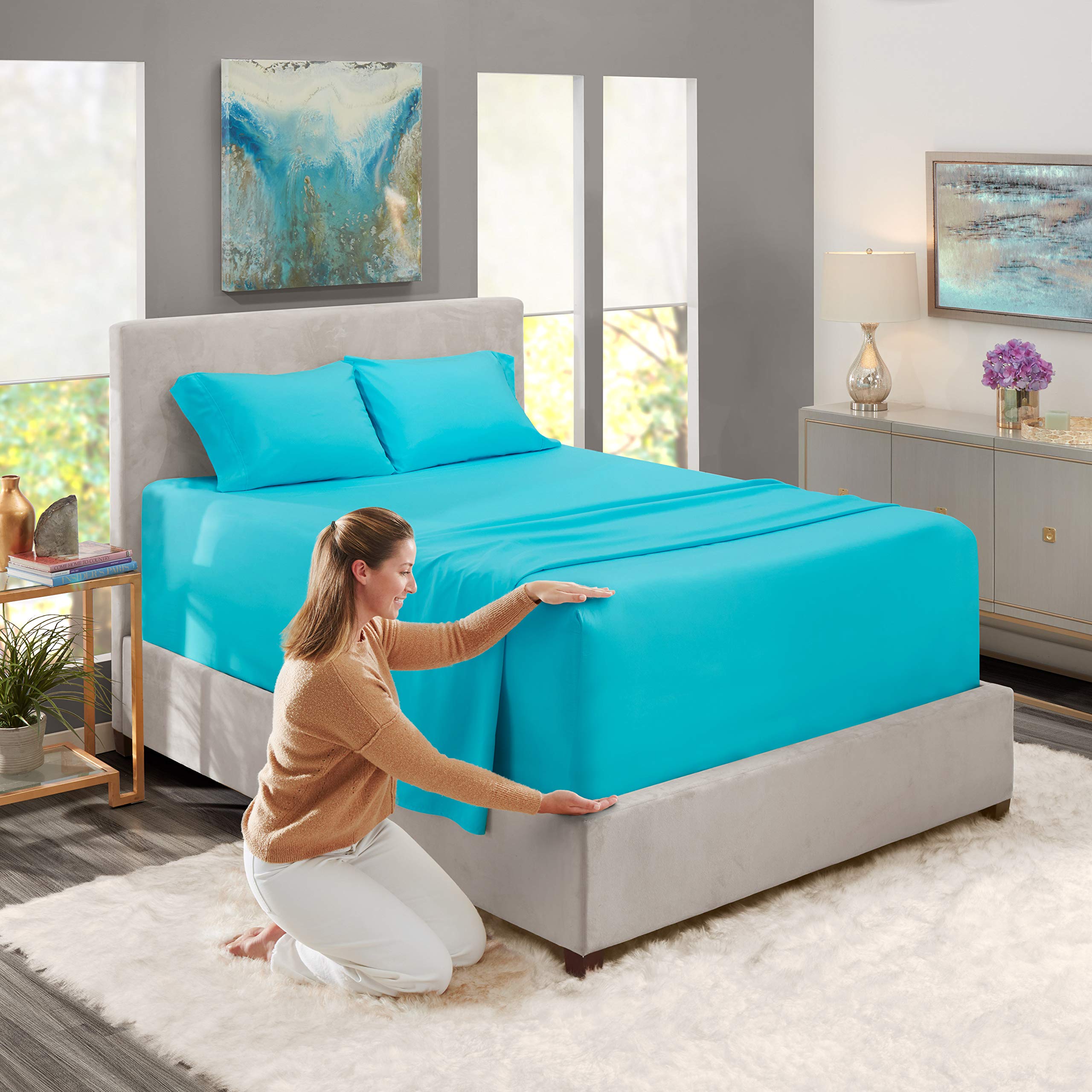 Nestl Extra Deep Pocket Sheets - Fits Mattress 18-24 Inches Deep, Extra Deep Pocket Queen Sheets Sets, 4 Piece Queen Size Sheets, Queen Sheets Deep Pocket, Bright Blue Sheets Queen