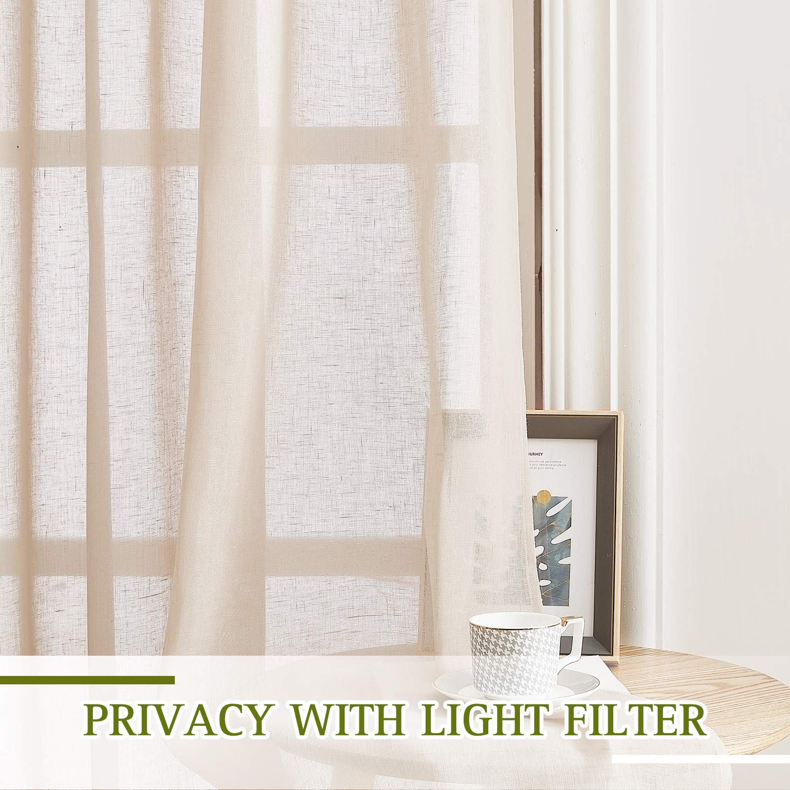 Nicetown Short Linen Curtains Semi Sheer 45' L For Bedroom, Grommet Natural Open Weave Vertical Flax Small Window Panels Privac
