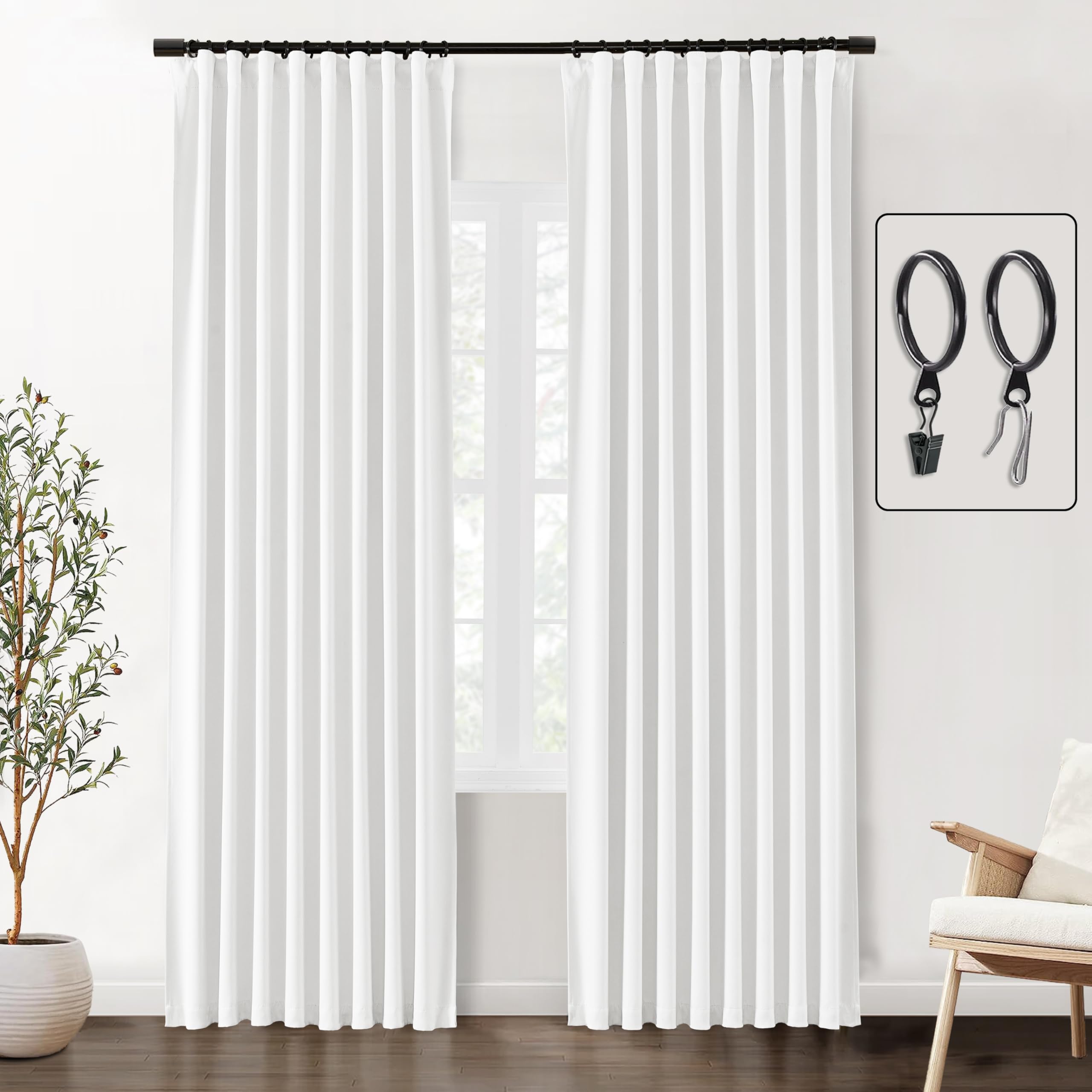 White Blackout Curtains 108 Inches Long 2 Panels Set,Black Out Hooks With Clips Back Tab Pleated Soundproof Noise Cancelling Red