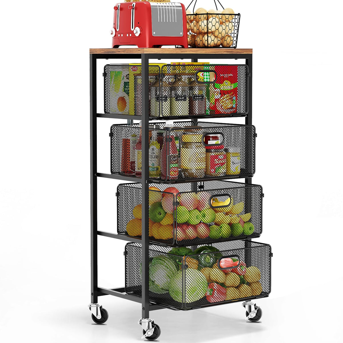 Goovilla Kitchen Cart with Drawers, Lockable Wheels with Wooden Top, Black