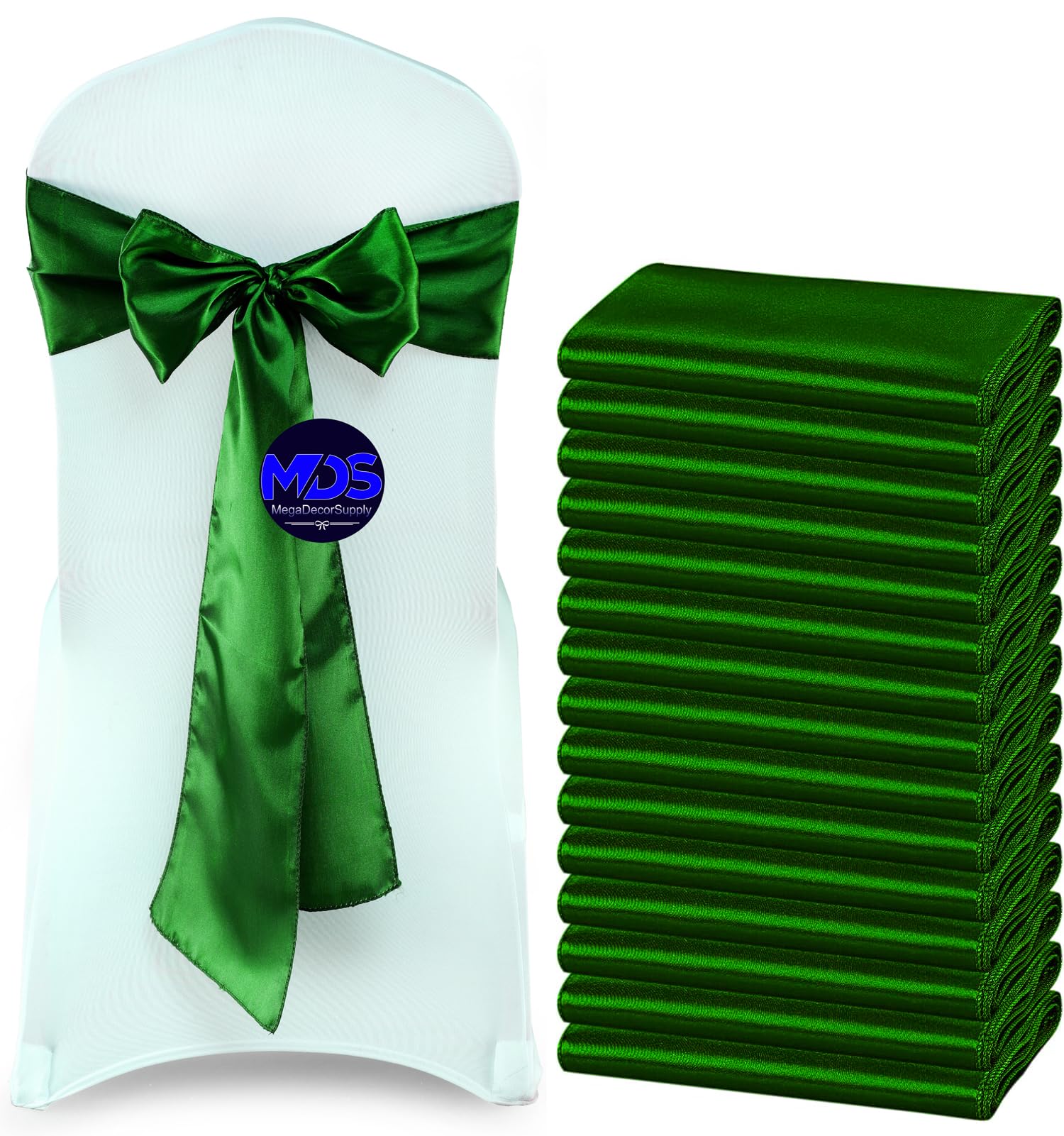 Mds Pack Of 50 Pcs Satin Chair Sashes Charmeuse Sateen Dining Chair Bows Ribbon Ties Back Sash For Wedding Party Birthday Home Hotel Restaurant Banquet Decoration (7 X 108 Inch, Green)