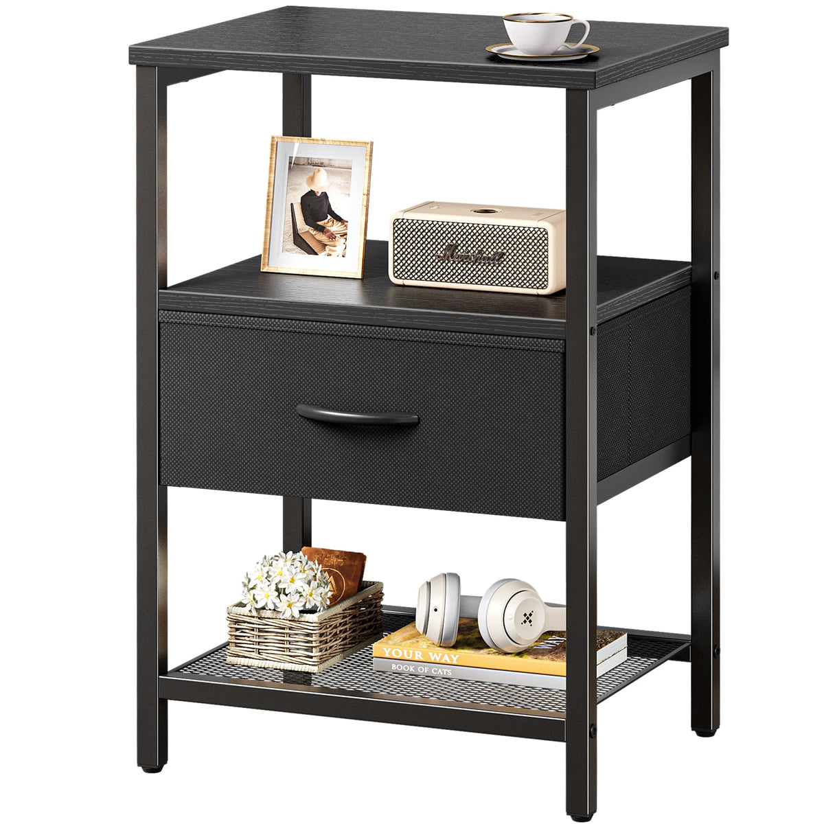 Huuger Night Stand with Fabric Drawer, Side Table with Mesh Shelf, Bedroom Nightstand, Fabric Drawer Dresser, Open Shelf, Metal 