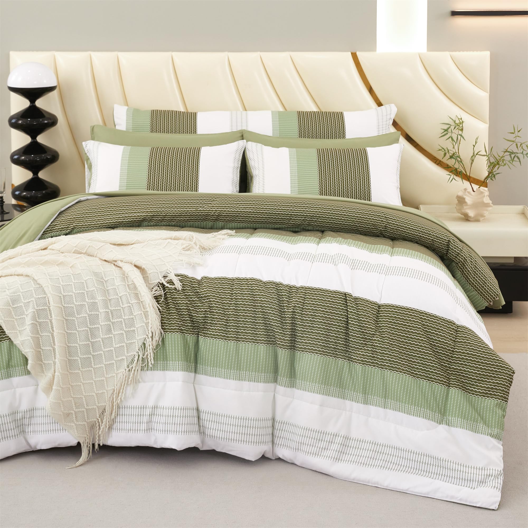 Rynghipy Olive Green Striped Bed Sets: 8 Pieces Soft Lightweight Bed In A Bag Queen Size Microfiber Down Alternative Comforter S