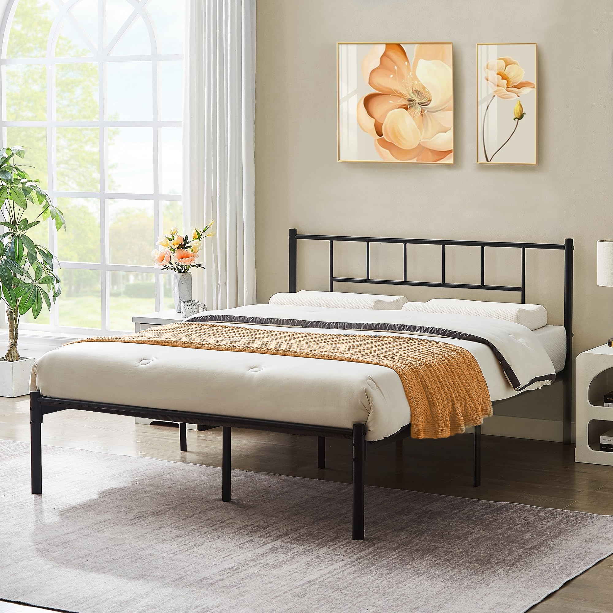 Vecelo Queen Metal Platform Bed Frame With Headboard, Heavy Duty Steel Slat Support, Under Bed Storage,No Box Spring Needed, Easy Assembly
