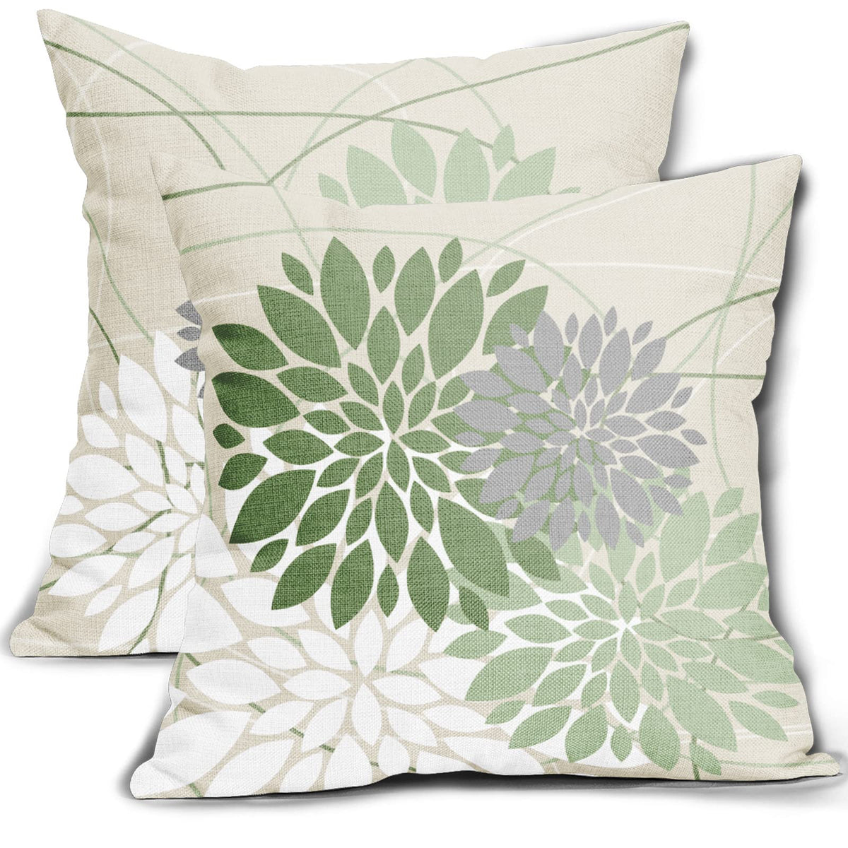 Sage Green Dahlia Pillow Covers 18X18 Inch Spring Geometric Floral Elegant Line Modern Flower Pillow Case Farmhouse Outdoor Decor for Home Bedroom Living Room Linen Square Cushion Cover, Set of 2