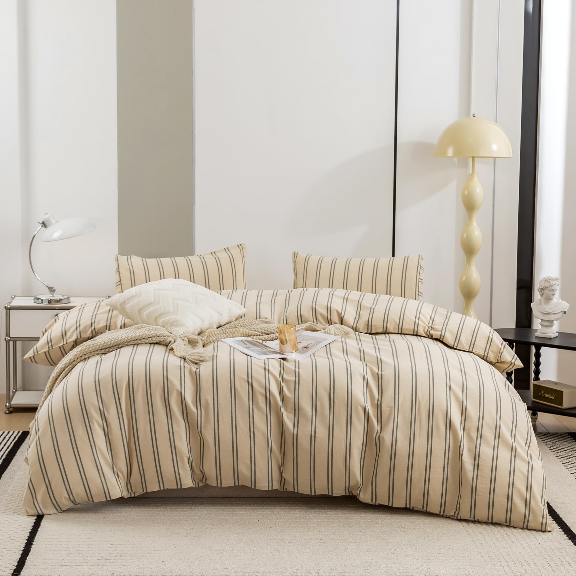 Ecocott Duvet Cover Queen Size - Linen Feel Textured Organic Natural 100% Washed Cotton, Reversible Striped Bedding Set With Zip