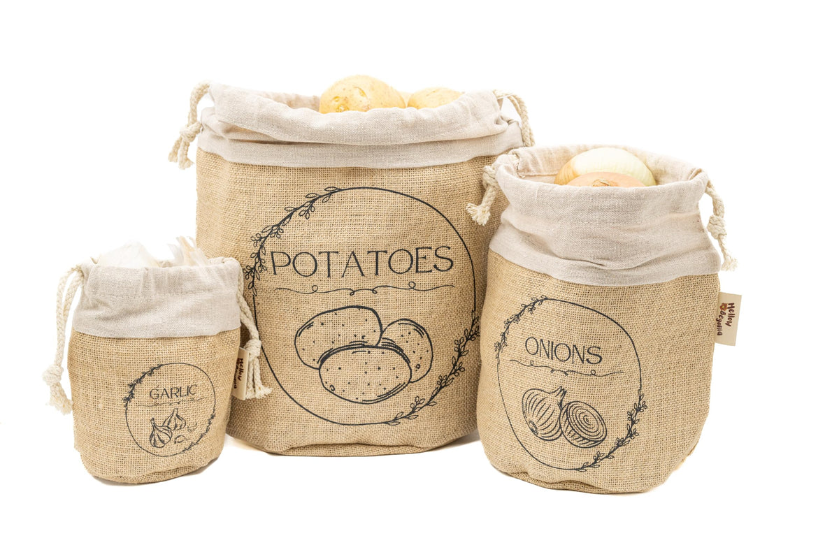 Potato Storage Bag | Natural Jute Potato Onion Garlic Storage Set for Pantry | Breathable & Fresh Onion Potato Storage | Easy to