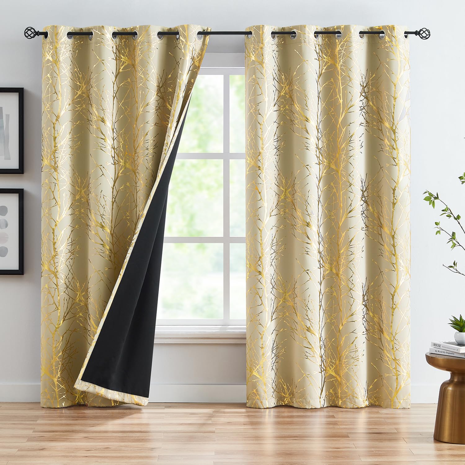 Fmfunctex Blackout Tree Curtains For Bedroom 96' Long Gold Ivory Branch Thermal Curtain Drapes For Living Room Darkening Energy