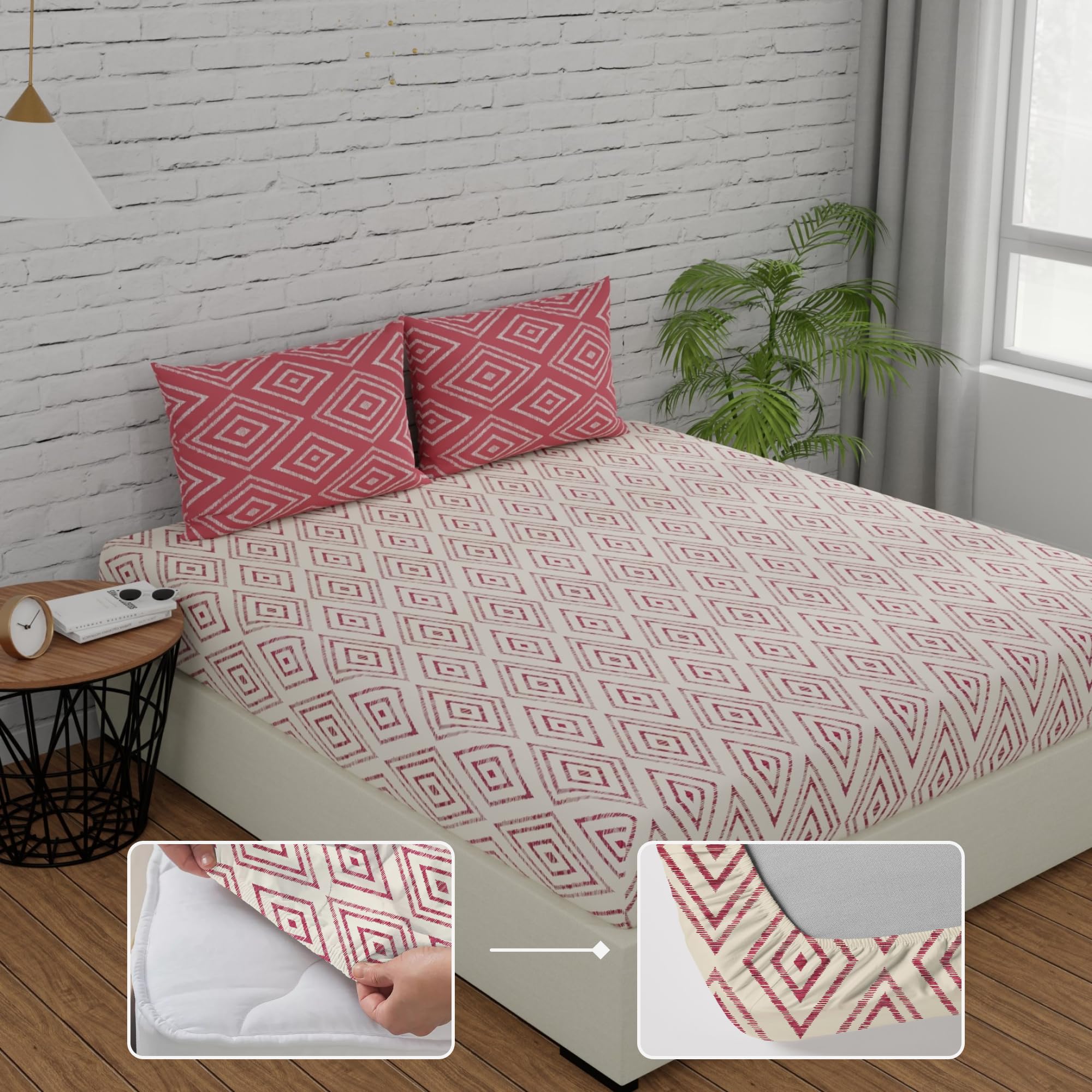 Huesland By Ahmedabad Cotton 144 Tc Cotton Elastic Fitted Bedsheets King Size With 2 Pillow Covers | 72X78 Inches | White & Peac