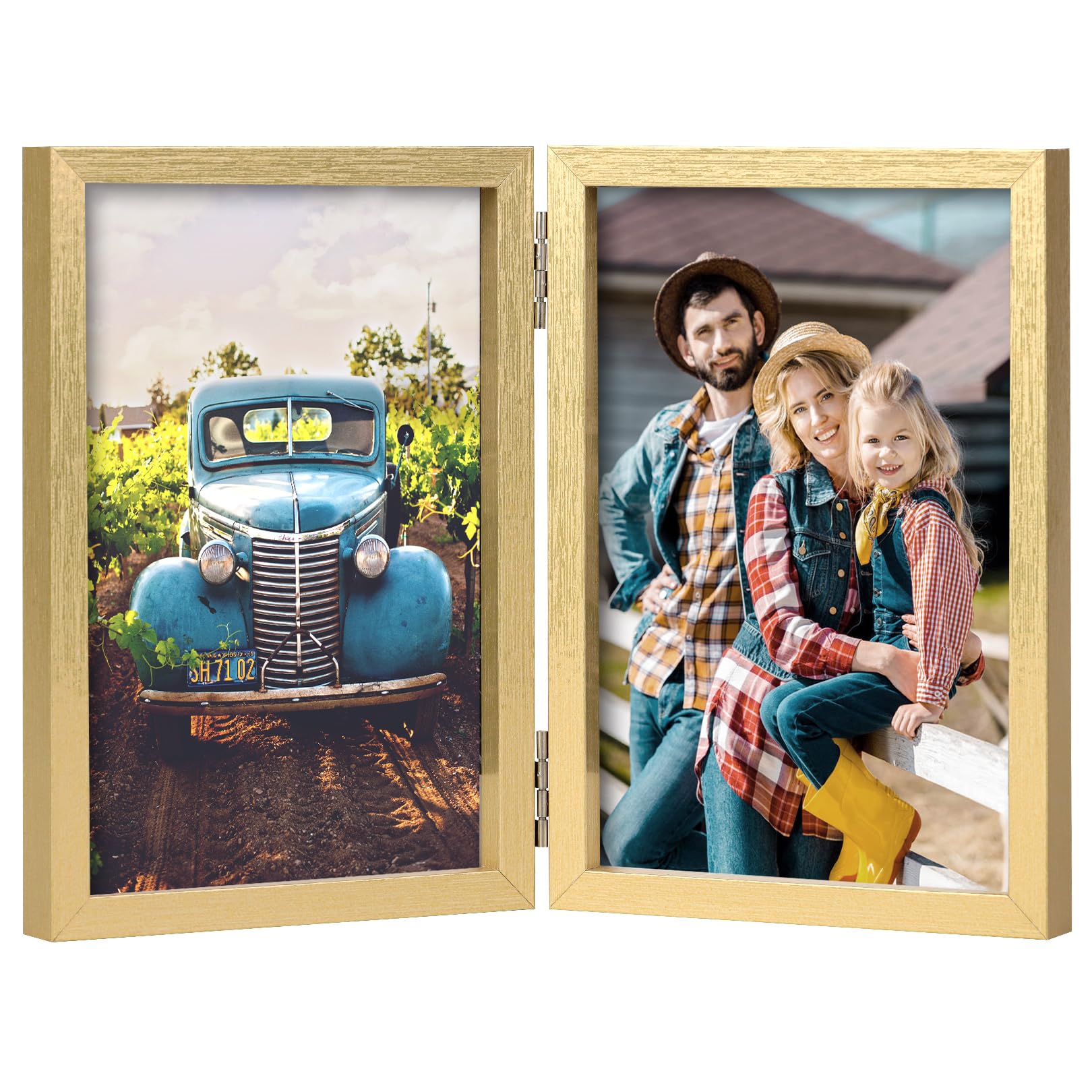 AEVETE 5x7 Picture Frames Double Hinged Wood Folding Photo Frames Vertical with Real Glass Front, Gold