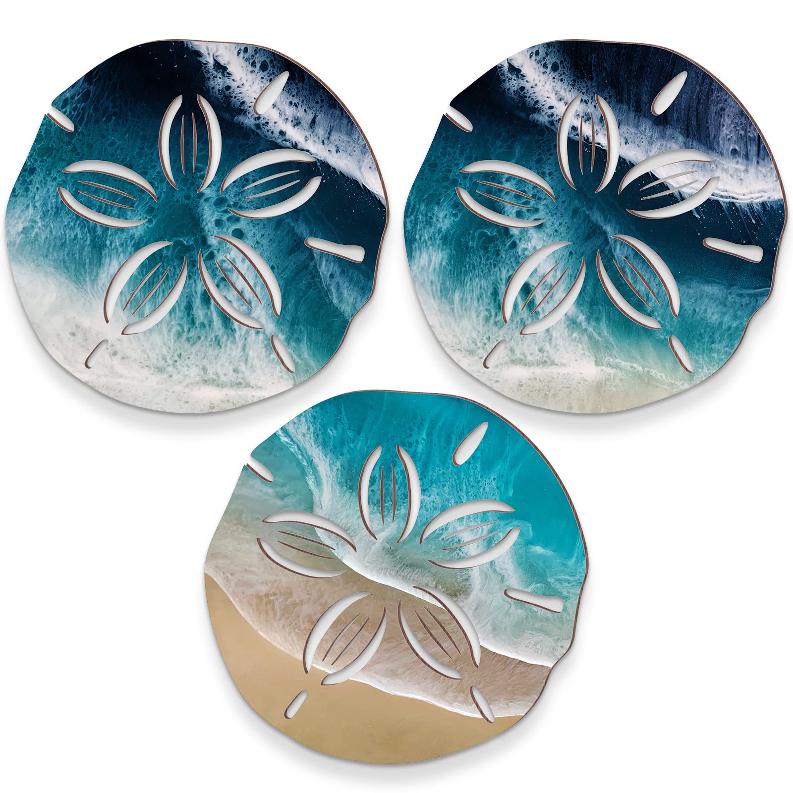 Jetec Sand Dollar Wall Decor 3 Pcs Beach Coastal Wall Art Wood Outdoor Ocean Sand Dollars Decor Wooden Art Teal Seafoam Decorati