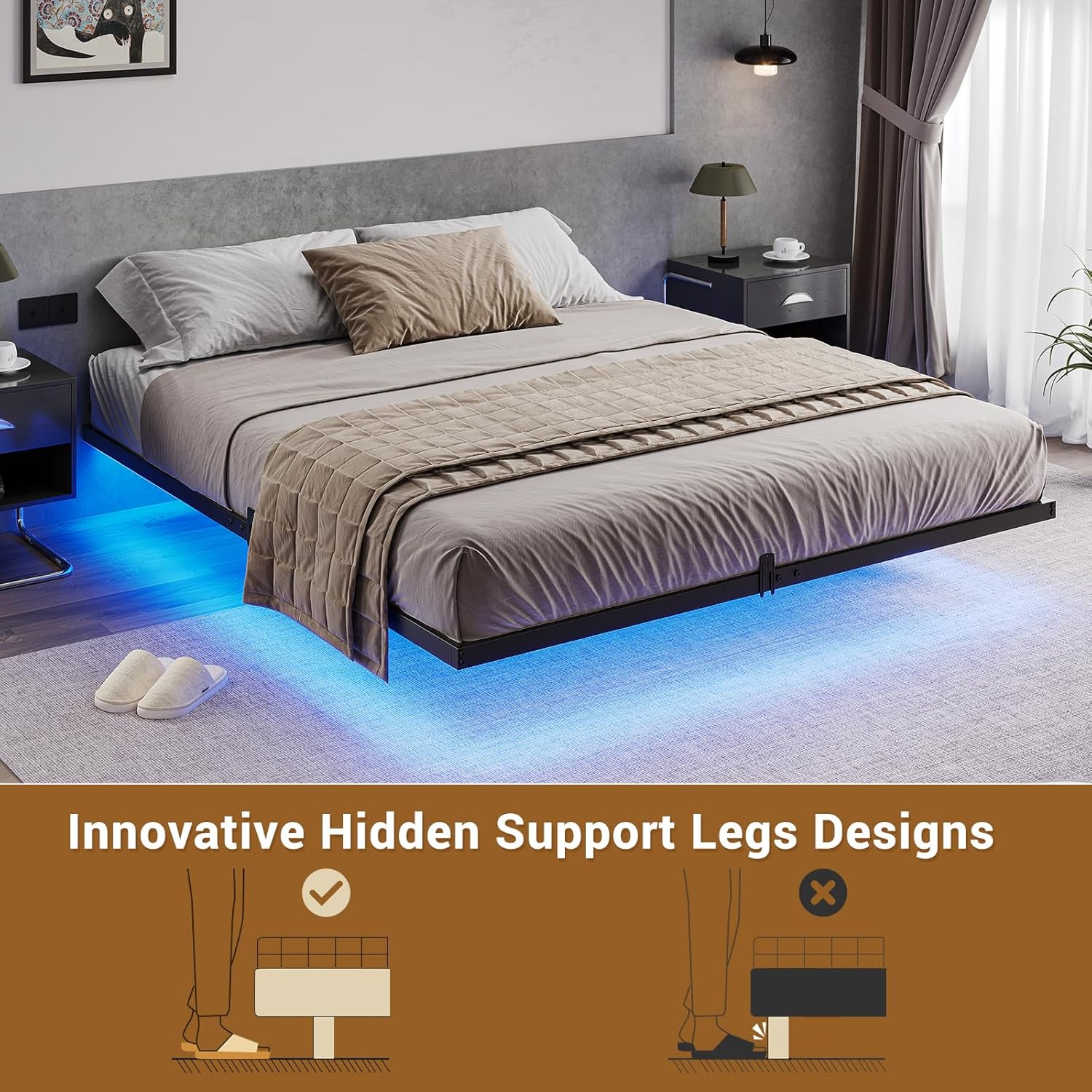 Hasuit Floating Bed Frame Queen Size With Led Lights, Metal Platform Queen Bed, No Box Spring Needed, Easy To Assemble (Queen)