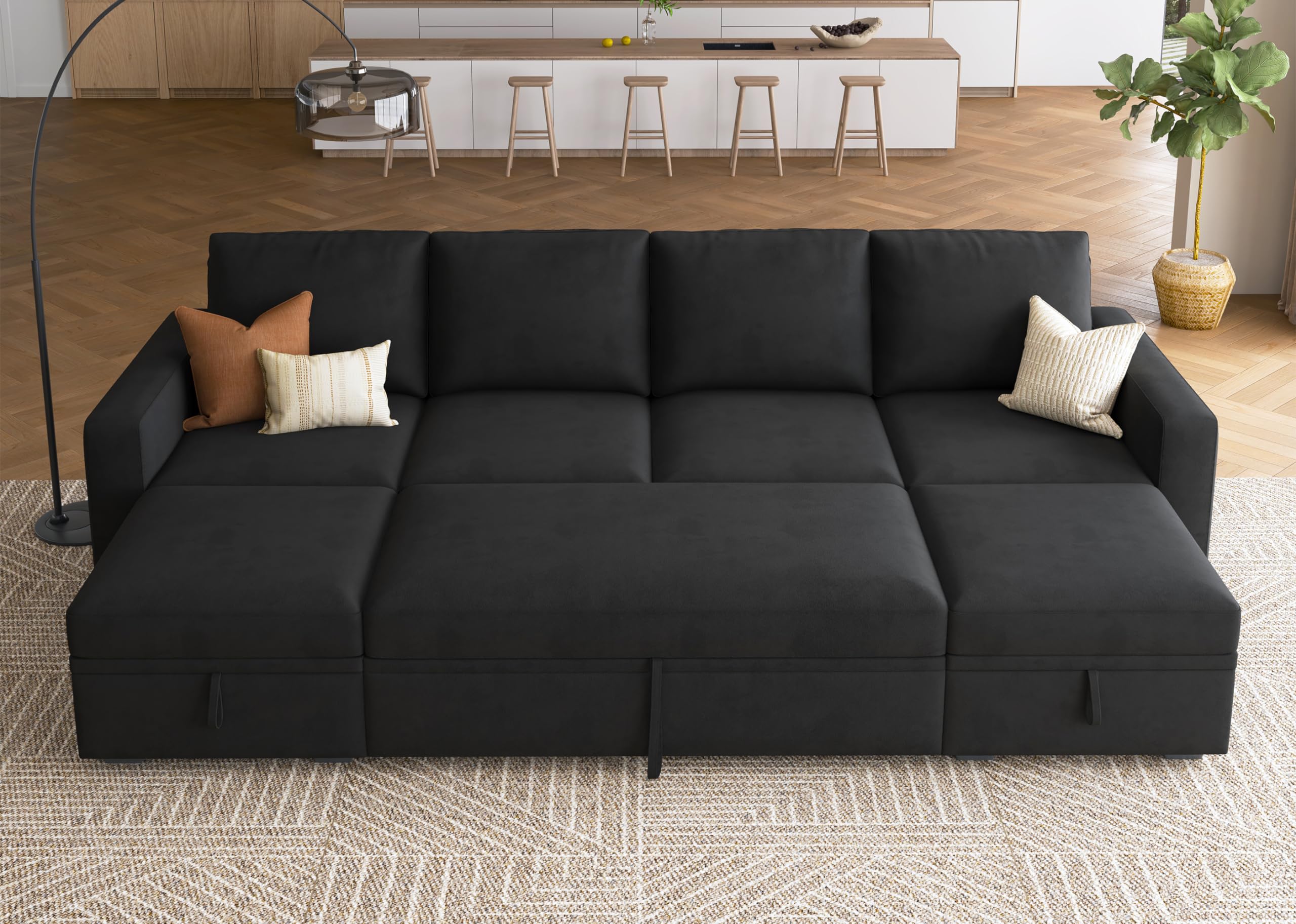 HONBAY Modular Sectional Sleeper Sofa Bed, Velvet Sectional Couch with Pull Out Bed U Shaped Modular Couch with Storage Ottoman 