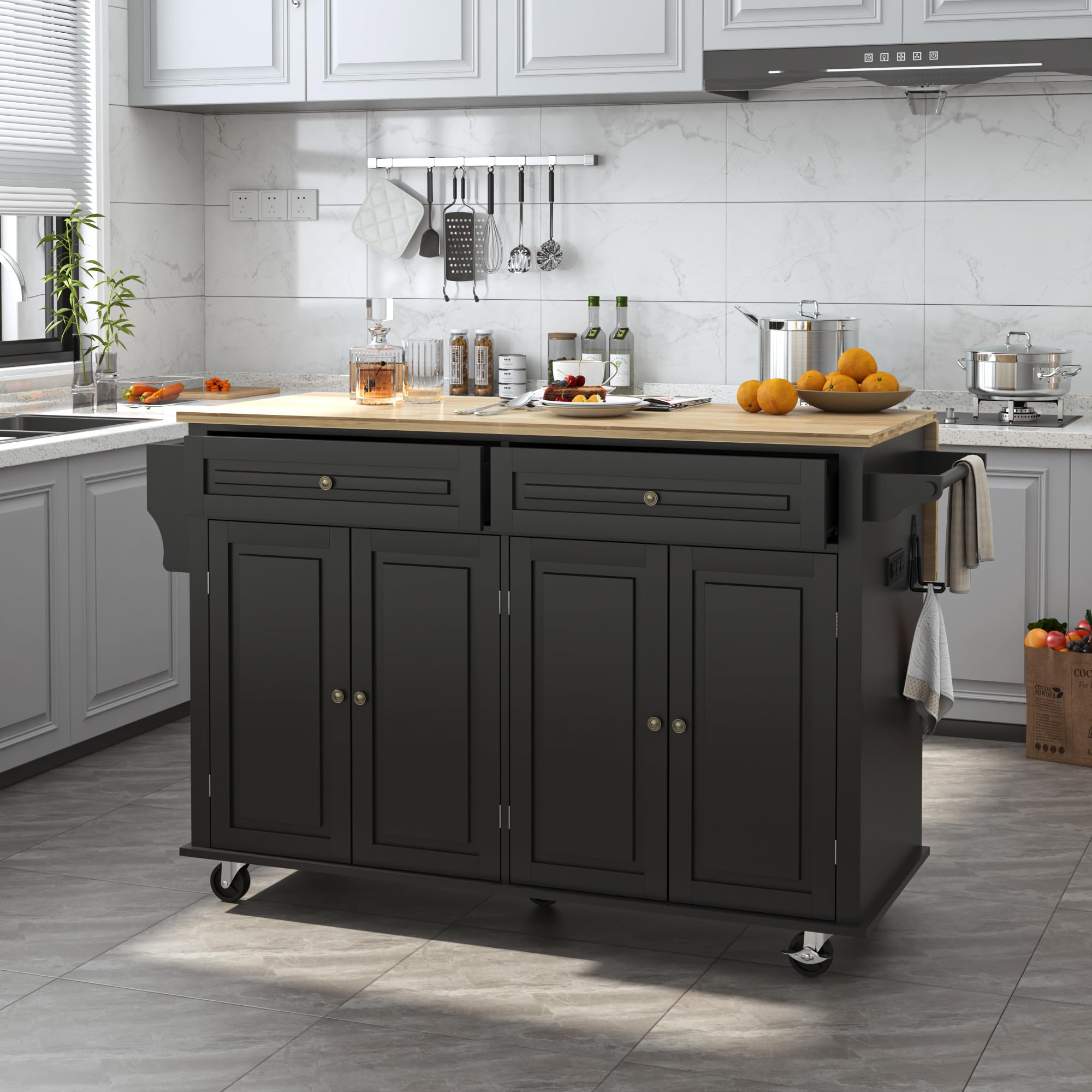 Squireewo 59  Kitchen Cart with Wood Top and Drop Leaf Breakfast Bar, Rolling Mobile Kitchen Island Table on Wheels with Drawer 