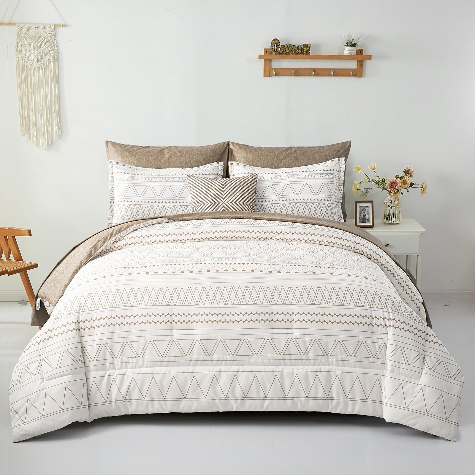 Wongs Bedding 7 Pieces Khaki Comforter Set Boho Bed In A Bag King Size,Geometric Striped Comforter Reversible Soft Microfiber Be