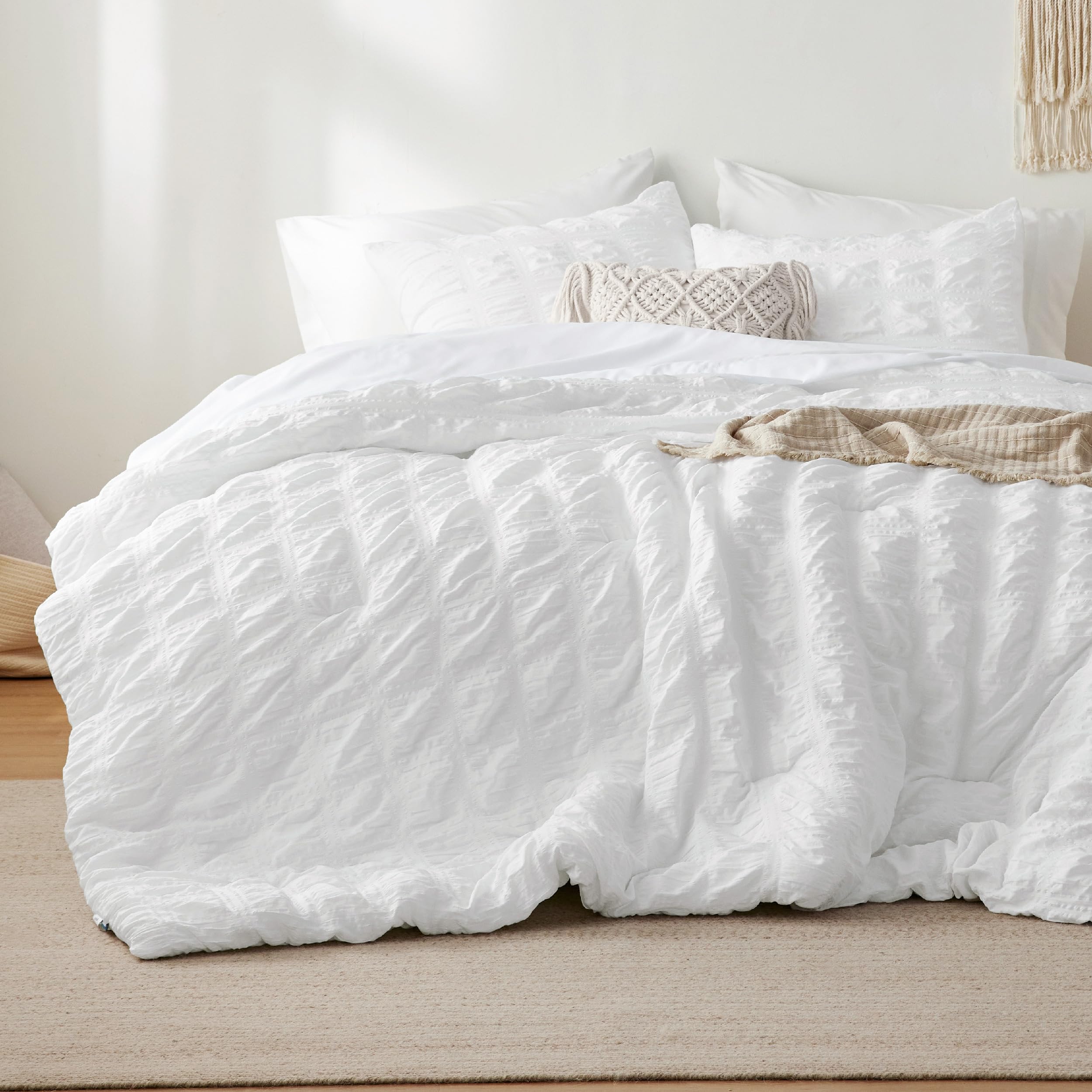 Bedsure Bed In A Bag Queen - Queen Comforter Set 7 Pieces Plaid Seersucker Bedding Set, Soft Lightweight Down Alternative Comfor