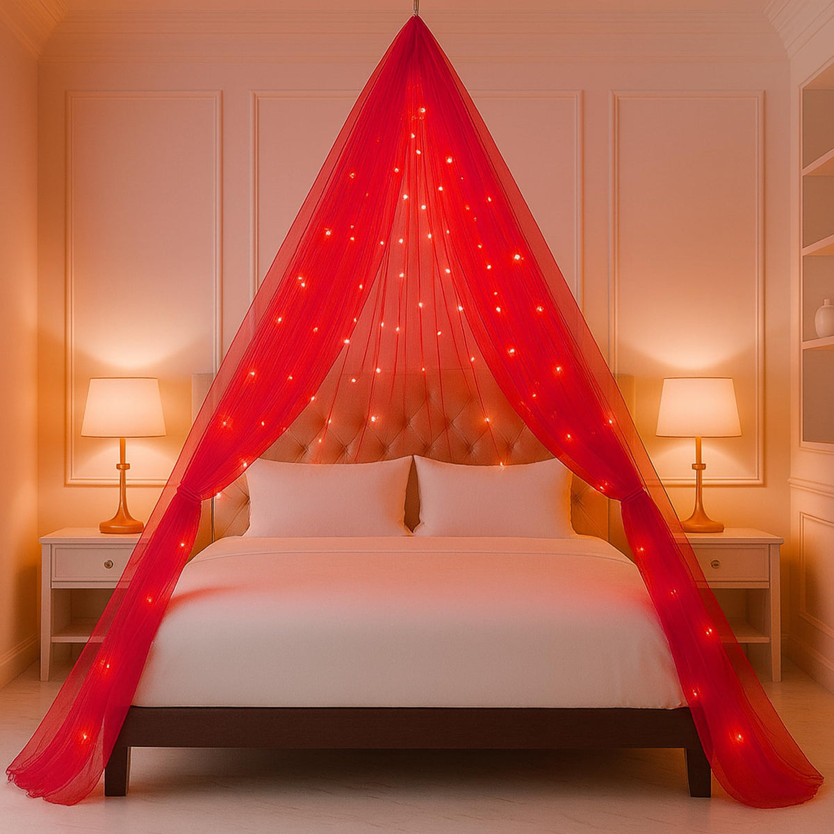 1iAM Tomato Red Decoration Net Light Combo Pack of 5 | 1pc 16x5ft Cabana Tomato Red Net, Light, 2pcs Hooks & 1pc Ribbon For Home