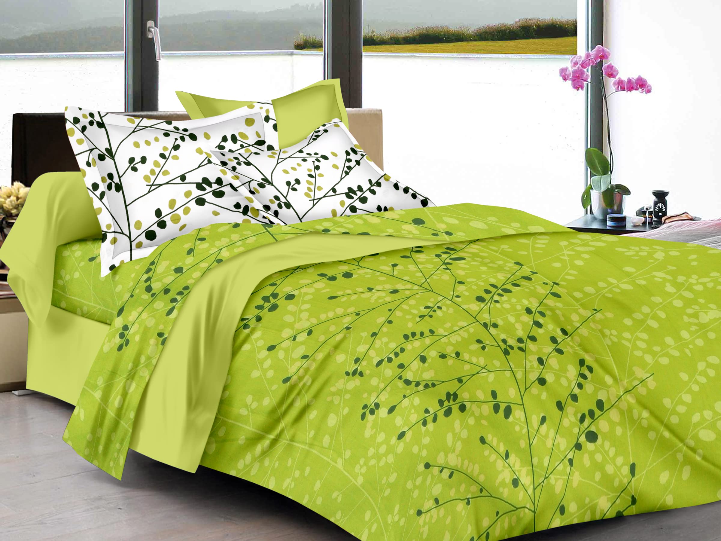 Huesland By Ahmedabad Cotton 144 Tc Cotton King Size Bedsheet With 2 Pillow Covers  Green(9Ft X 9Ft)