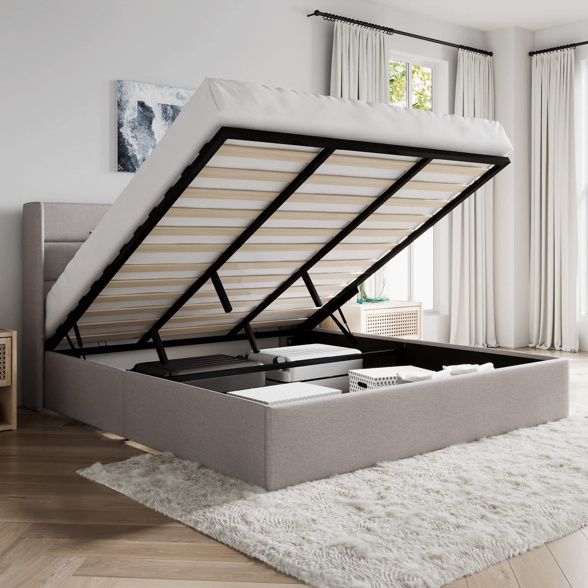 Sha Cerlin King Size Lift Up Storage Bed/Modern Wingback Headboard/Upholstered Platform Bed Frame/Hydraulic Storage/No Box Spring Needed/Wood Slats Support/Light Beige