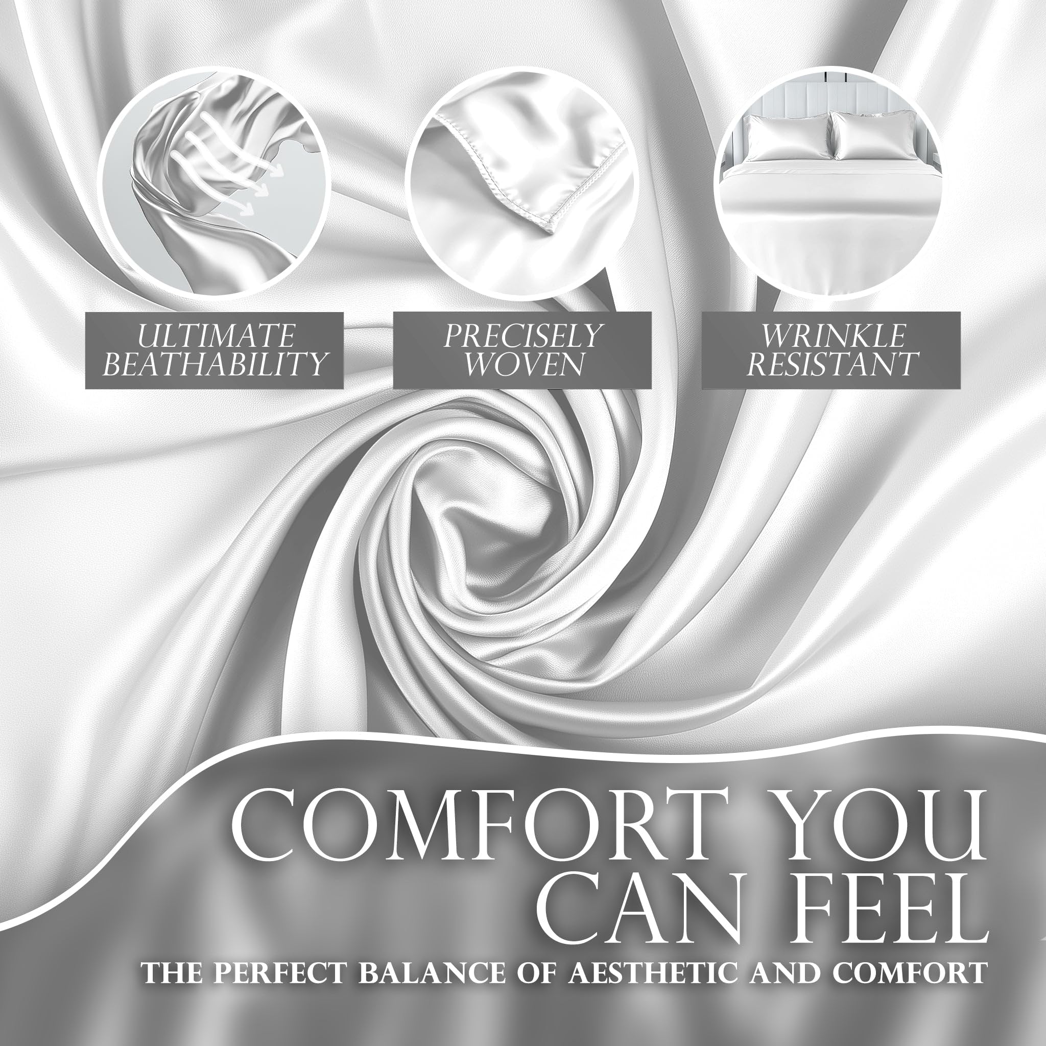 Decolure Satin Sheet Queen Set 6Pcs - Luxurious & Genuine Silk Feel Satin Sheets Queen - Elegant & All-Season Silky Soft Queen S