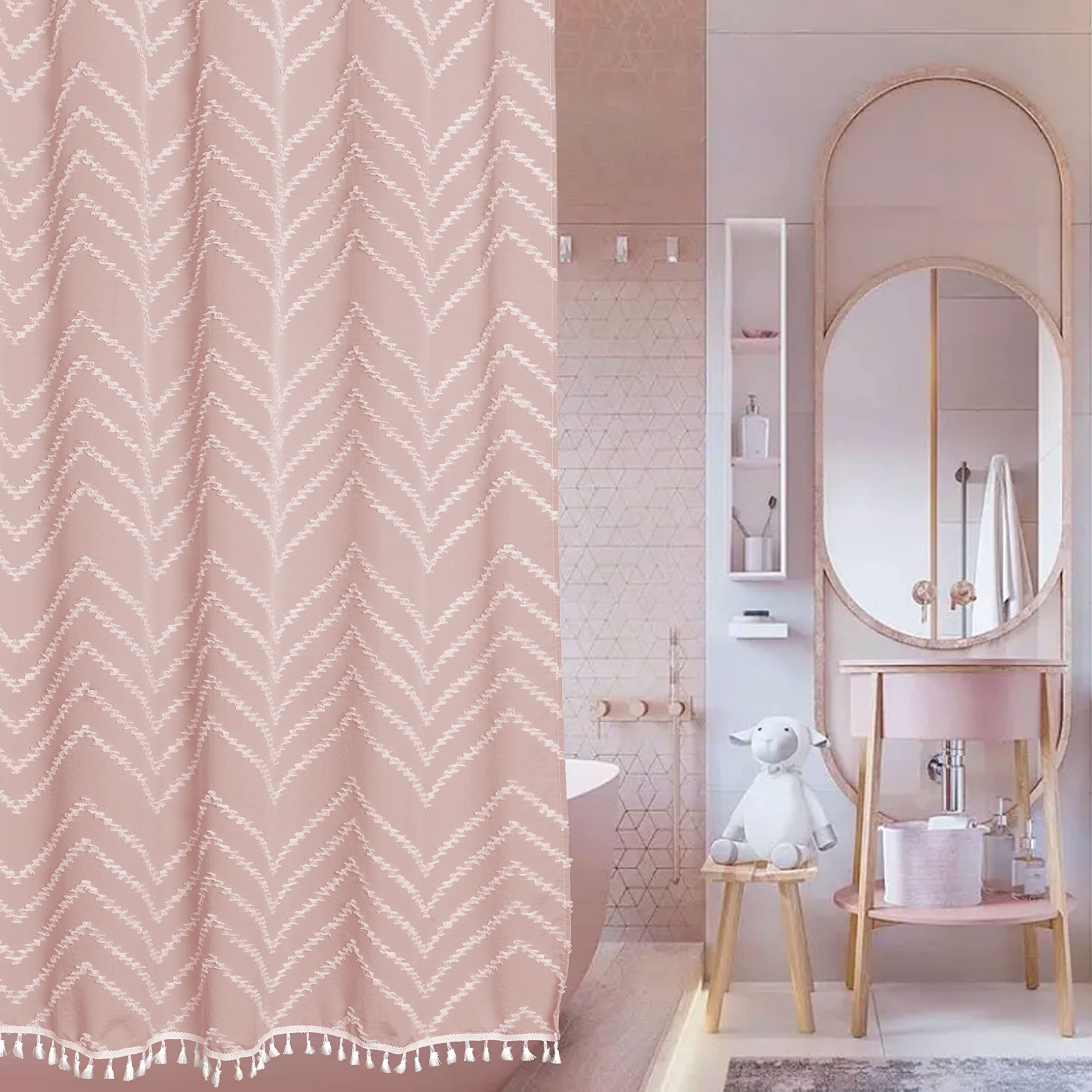 Extra Long Pink Boho Shower Curtain With White Tassel, Woven Fabric 96 In Shower Curtain, Tufted Chevron Striped, 72 X 96, Moder