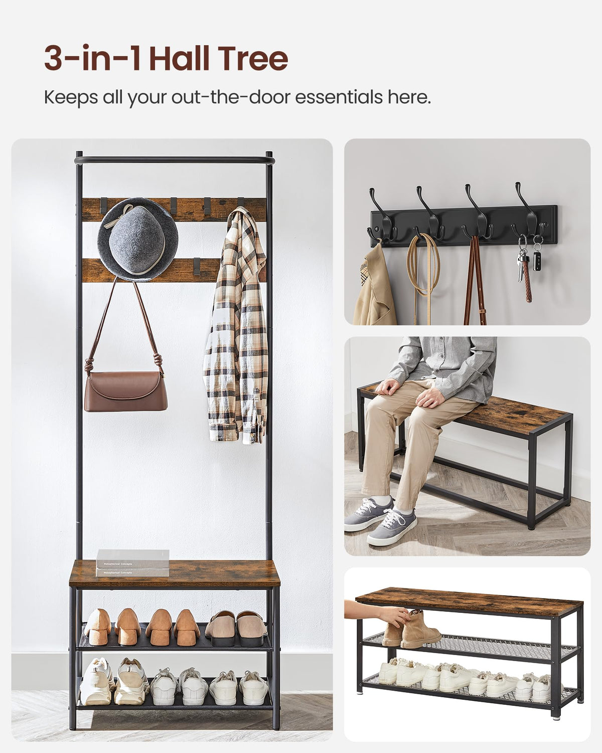 Vasagle Hall Tree With Bench And Shoe Storage, Entryway Bench With Coat Rack Stand And Shoe Rack, 9 Movable Hooks, Top Bar, Fabric Shelves, Industrial, Rustic Brown And Black Uhsr411B01