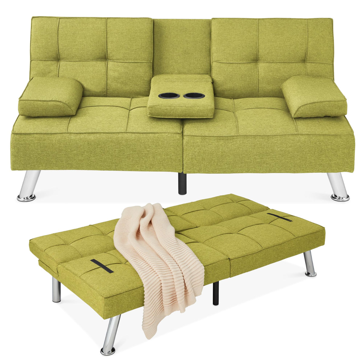 Best Choice Products Linen Modern Folding Futon, Reclining Sofa Bed for Apartment, Dorm w/Removable Armrests, 2 Cupholders - Cha