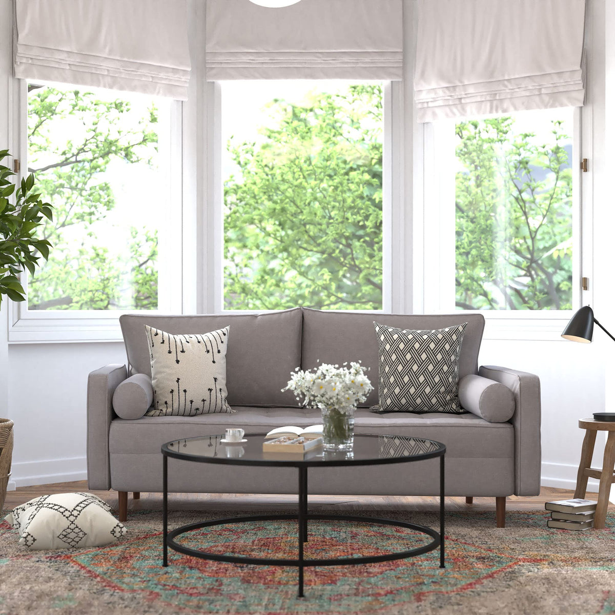 Flash Furniture Hudson Mid-Century Modern Sofa - Slate Gray Faux Linen Upholstery - Buttonless Tufting - Wood Legs