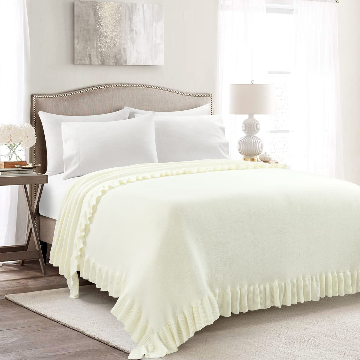 Lush Decor Reyna Soft Knitted Ruffle Throw Blanket, 104' W X 88' L, Ivory - Classic Ruffled Bedding - Knit Blanket - Cozy Over