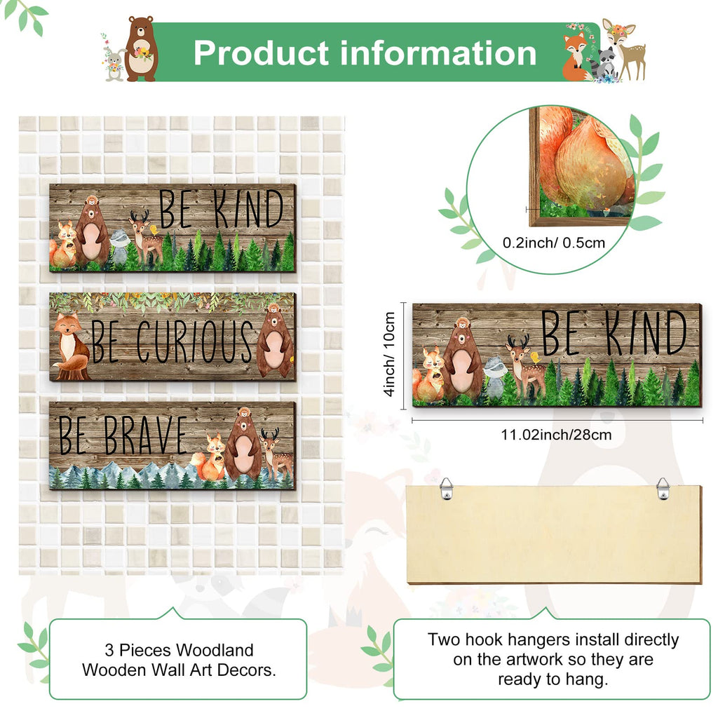 3 Pcs Woodland Nursery Decor Safari Nursery Woodland Animals Themed Painting Wooden Be Kind Brave Curious Sign Framed Wall Art F