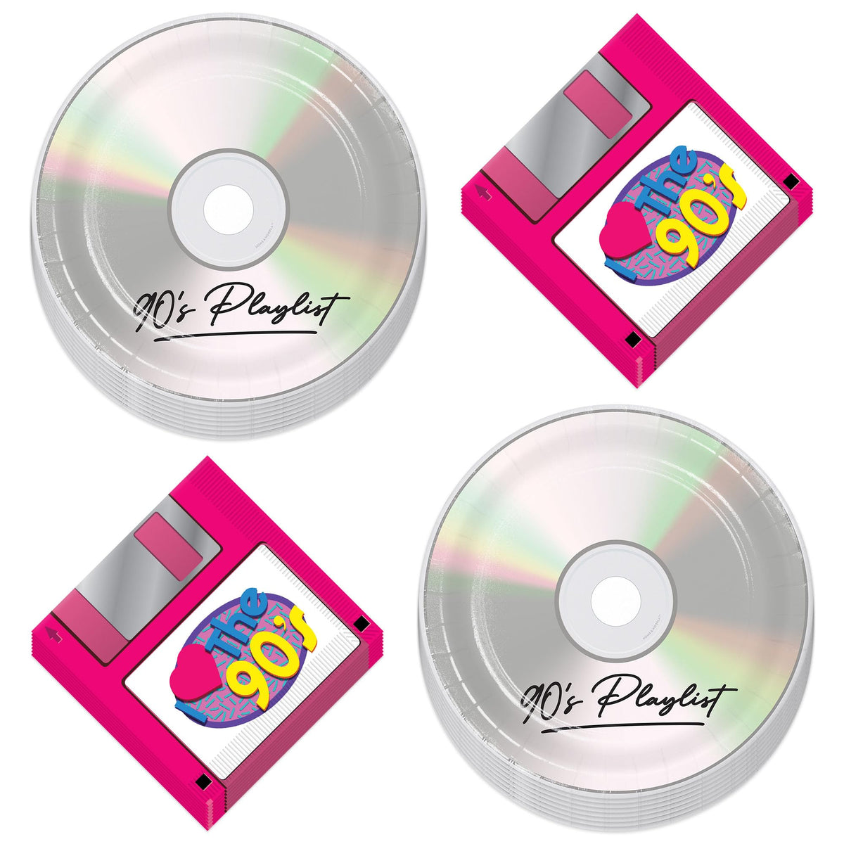 90s Party Supplies - Floppy Disk Napkins and CD Paper Plates (Serves 16) - I Love The 1990s Throwback Decades Celebration Tabl