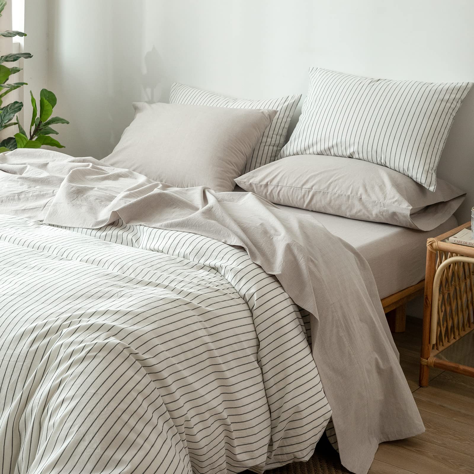 Moomee Bedding Sheet Set 100% Washed Cotton Linen Like Textured Breathable Durable Soft Comfy (Tannish Linen Grey, Twin)