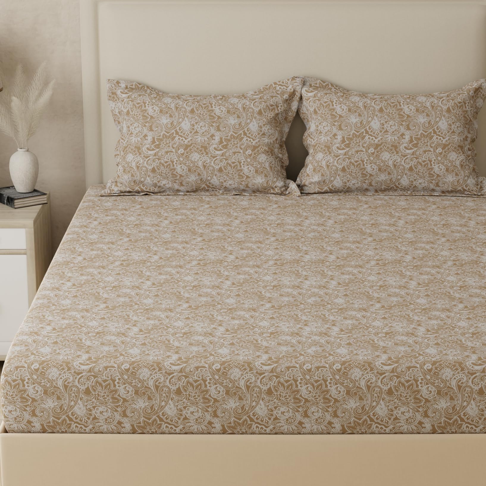 Huesland By Ahmedabad Cotton 210 Tc Cotton Bed Sheets For Double Set Bed With 2 Pillow Covers | Heritage Paisley | Warm Sand & W