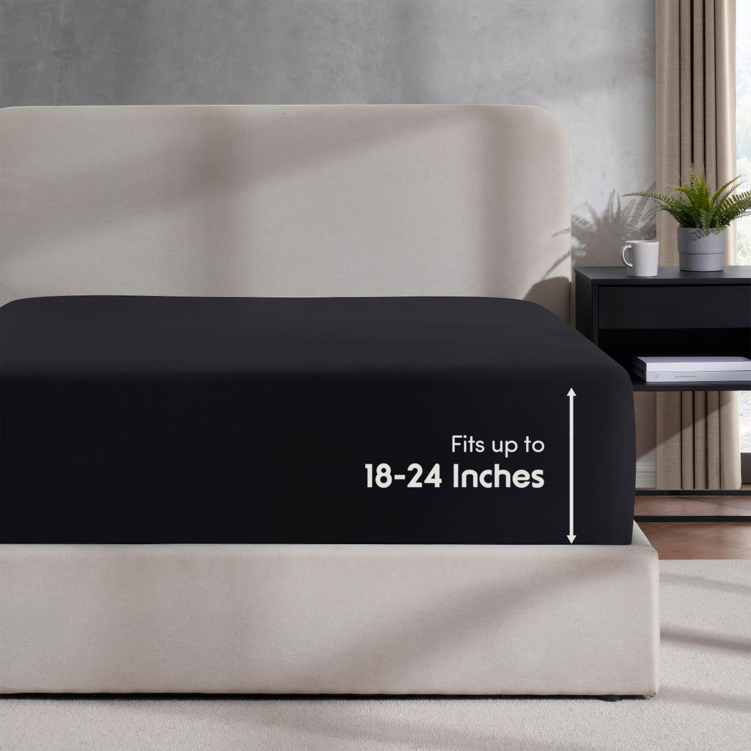 Nestl Black Fitted Sheet Queen Size, Extra Deep Pocket Queen Fitted Sheet Only, 1800 Microfiber Fitted Bed Sheet, Ultra Soft Fit