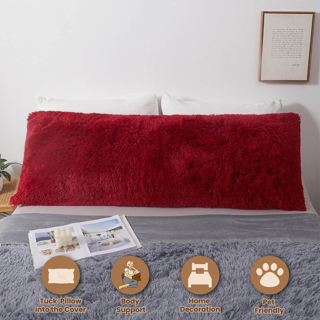 Mego Luxury Fluffy Body Pillow Cover, 20X54 Shaggy Faux Fur Body Pillow Case, Red Soft Plush Fuzzy Body Pillowcase, Decorative F