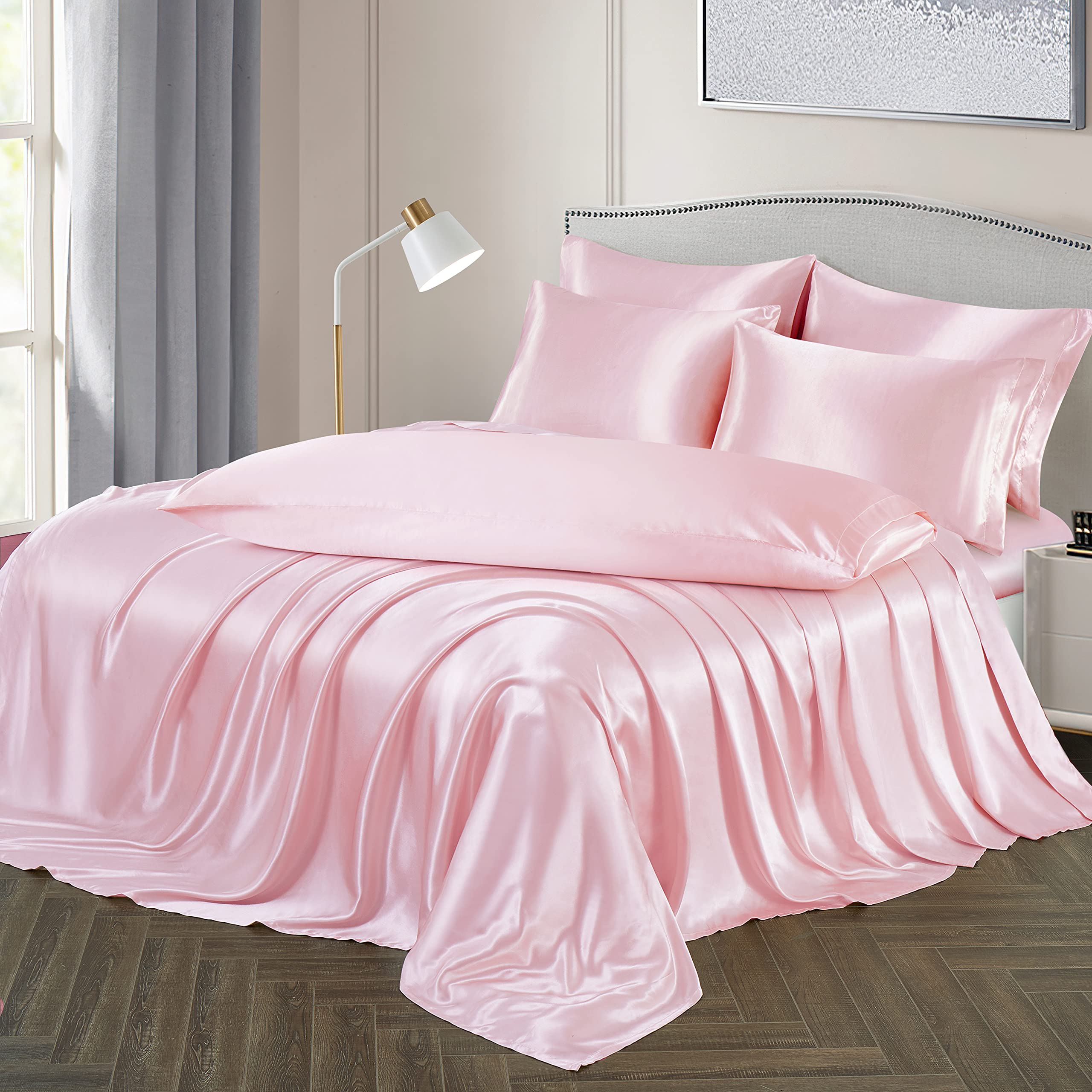 Ersmak 4 Pieces Satin Sheets Set Twin Size, Luxury Silky Blush Pink Satin Bed Sheets Set With 1 Deep Pocket Fitted Sheet, 1 Soft
