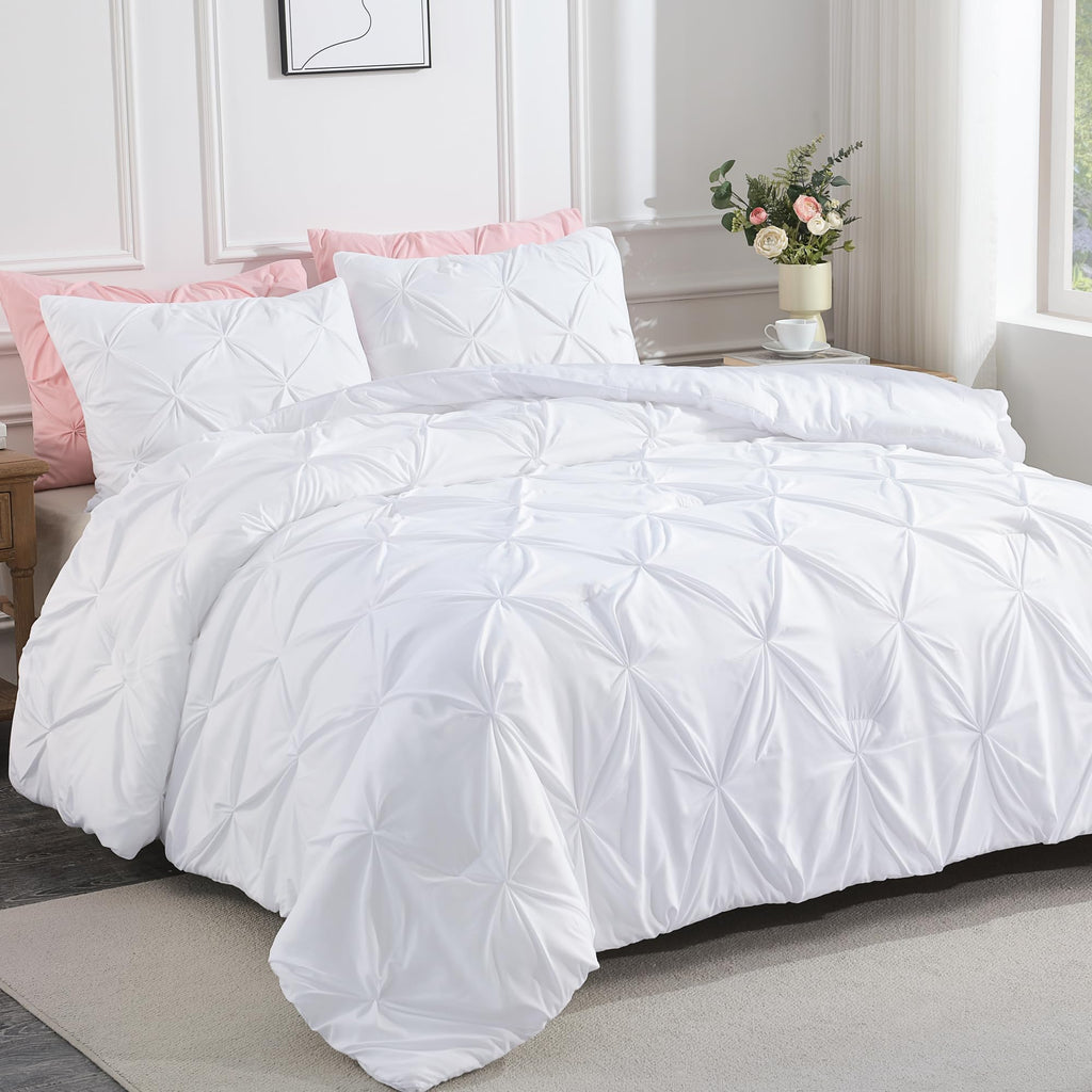Andency White California King Comforter Set (104X96Inch), 3 Pieces Cute Pinch Pleat Cal King Bedding Comforters & Sets, Oversize